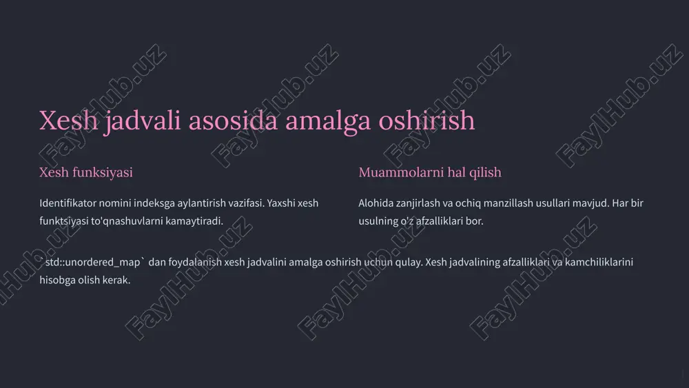 shlatiladigan identifikatorlar haqida ma'lumotlarni saqlash uchun ishlatiladigan ma'lumotlar strukturasidir. c++ dasturlashidagi roli c++ dasturlashida identifikatorlar jadvali muhim rol o'ynaydi, chunki u kompilyatorga dastur kodini tahlil qilish va xatolarni aniqlashga yordam beradi. asosiy vazifalari identifikatorlarni saqlash identifikatorlar haqida ma'lumotlarni saqlash identifikatorlarni tezkor qidirish 24 zanjir usuli (chaining) mohiyati zanjir usuli - bu to'qnashuvlarni hal qilish uchun ishlatiladigan usul, bunda bir xil indeksga ega bo'lgan barcha elementlar bog'langan ro'yxatda saqlanadi. hash-funksiyalar hash-funksiya - bu kalitni indeksga aylantiradigan funksiya. yaxshi hash-funksiya kalitlarni jadval bo'ylab bir xilda taqsimlaydi. to'qnashuvlarni hal qilish zanjir usulida to'qnashuvlar sodir bo'lganda, yangi element bog'langan ro'yxatning boshiga qo'shiladi. 25 zanjir usulini qo'llash struktura zanjir usuli bilan yaratilgan identifikatorlar jadvali hash-jadvaldan va bog'langan ro'yxatlardan iborat. hash-funksiya oddiy hash-funksiya kalitning ascii qiymatlarini yig'indisini jadval hajmining qoldig'i sifatida hisoblaydi. ma'lumotlar strukturasi bog'langan ro'yxat - bu har bir element o'zidan keyingi elementga ko'rsatkichni o'z ichiga olgan ma'lumotlar strukturasi. 26 asosiy funksiyalarni amalga oshirish qo'shish …
