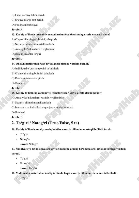 inlash, bilimni baholash va masofaviy o‘qitish imkonini beradi. 30. laboratoriya mashg‘ulotlarining asosiy vazifasi nima? javob: amaliy ko‘nikmalarni shakllantirish va nazariy bilimni mustahkamlash. kasbiy ta’lim mazmuni va texnologiyalari uchun chainword: 1. kasbiy → 2. yagona → 3. amaliyot → 4. tajriba → 5. avlod → 6. dars → 7. simulyatsiya → 8. aloqa → 9. asos → 10. statistika → 11. animatsiya → 12. avtomatlashtirish → 13. rivojlanish → 14. hisobot → 15. test → 16. tahlil → 17. laboratoriya → 18. amaliy mashg‘ulot → 19. ta’lim → 20. masofaviy o‘qitish → 21. himoya → 22. avlodlarni tayyorlash → 23. sharoit → 24. tajriba asosida baholash → 25. hisob-kitob → 26. bilim → 27. multimedia → 28. amaliy ko‘nikmalar → 29. raqamli platforma → 30. avtomatik test keyslar (misollar) keys 1: faol o‘quv usullari sinfda matematika darsi o‘tilmoqda. o‘qituvchi mavzuni tushuntirgandan so‘ng, o‘quvchilarga kichik guruhlarda muammolarni yechish topshirig‘ini beradi. guruhlar o‘z …