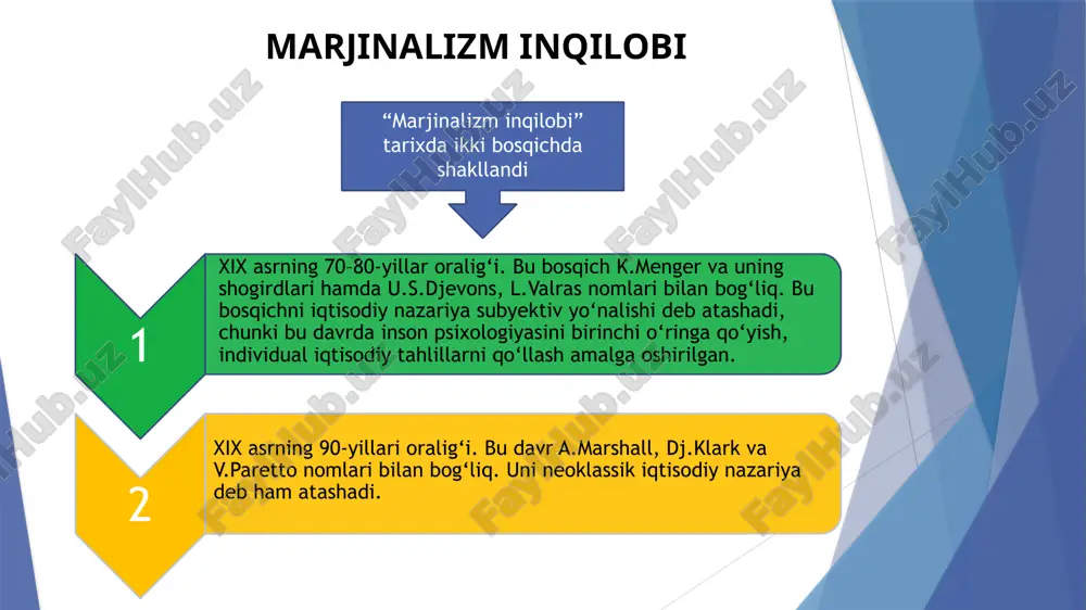 i alfred marshallning (1842–1924) «ekonomiks tamoyillari» (1890) kitobidaa ancha tizimlashtirilgan ko‘rinishda ifodalangan. mazkur asar birinchi katta darslik vazifasini o‘tagan. unda talab va taklif to‘g‘risidagi konsepsiyalar birlashtirilgan va ayrim bozorlarni o‘rganish uchun matematik dastaklar keng qo‘llanilgan. a.marshall va uning hamfikrlari xizmati tufayli yangi klassik nazariya xx asrning 30 – yillarigacha iqtisodiy fanda yetakchi o‘rinni egallab keldi. a.marshall marjinalizm g‘oyalarini mustaqil (jevonsga bog‘liq bo‘lmagan holda) va o‘ziga xos uslubda rivojlantirdi. klassik maktab (smit, rikardo, mill) va marjinalizm (mengerdan valrasgacha) yutuqlarini birlashtiruvchi nazariy tizim yaratdi. 5.qiymat (qimmat) va narxning shakllanishi nazariyasi hamda talab va taklif omili va vaqt omili qiymat (qimmat) va narxning shakllanishi nazariyasi iqtisodiy fikrlar tarixida eng qiyin va murakkab muammolardan biri – qiymat muammosi hisoblanadi. a.marshallning asari vujudga kelgunga qadar tovar qiymati muammosiga bo‘lgan ikki xil yondashuv mavjud bo‘lgan: qiymat yo ishlab chiqarish xarajatlari bilan, yoki tovarning foydaliligi va noyobligi bilan aniqlangan. birinchi yondashuv - bu yondashuvga muvofiq, boylikning o‘sishi …