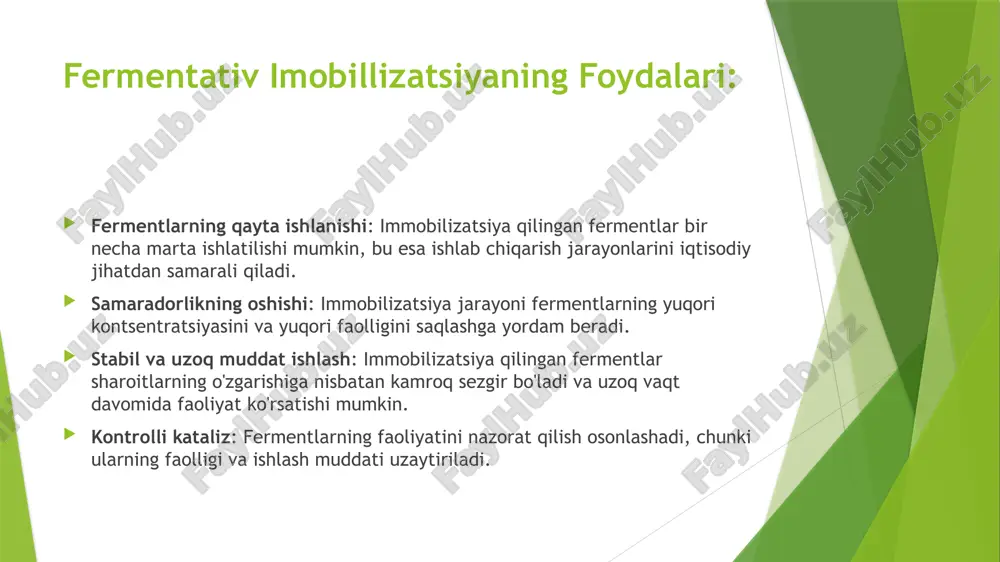 exnologiya sohasida, xususan, oziq-ovqat, dori-darmon va ekologik tozalash jarayonlarida muhim ahamiyatga ega. u mikroblarning uzoq muddatli va barqaror faoliyatini ta'minlaydi. ... t.me/slaydai_bot matritsani tanlashda uning o'lchamlari, elementlar soni va matematik operatsiyalarni qo'llash qobiliyati muhim hisoblanadi. matritsa o'lchamlari m×n ko'rinishida ifodalanadi, bu yerda m qatorlar, n esa ustunlar sonini bildiradi. kvadrat matritsa uchun m=n bo'lib, uning determinantini (det m) hisoblash mumkin. yagona matritsa mavjud bo'lishi uchun kvadrat matritsaning determinanti nolga teng bo'lmasligi zarur. nol matritsa esa barcha elementlari 0 ga teng bo'lgan matritsadir. birlik matritsa esa diagonal elementlari 1 va qolgani 0 bo'lgan kvadrat matritsadir. o'lchamlarga qarab, matritsaning teskari matritsasini (m^-1) aniqlash ham mumkin. ... t.me/slaydai_bot 7. immobilizatsiyalangan fermentlarning kinetikasi immobilizatsiyalangan fermentlarning kinetikasi fermentlarning harakatchanligi cheklangan muhitlarda o‘rganiladi. bu fermentlar odatda qattiq yoki yarim qattiq materiallarga biriktiriladi. immobilizatsiyalangan fermentlar kinetikasi michalis-menten tenglamasiga mos keladi, ammo diffuziya va massa o'tkazilishi jarayonlari bu kinetikani murakkablashtirishi mumkin. substratning fermentga o‘tishi sekinlashishi tufayli maksimal tezlik …