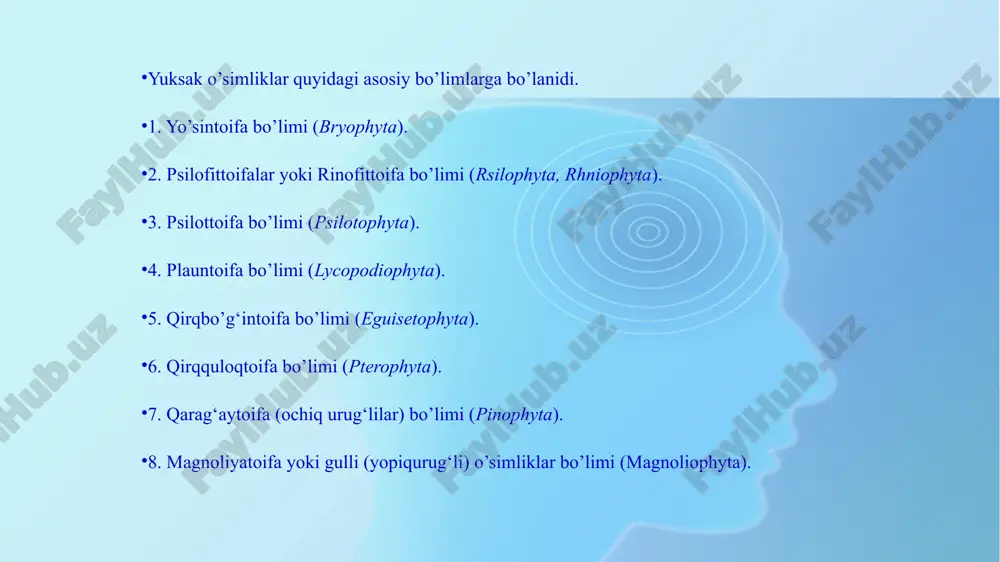 ning morfogenezi, ichki tuzilishi, individual taraqqiyoti, fizologik va bioximik xususiyatlari, geografik tarqalishi hamda tashqi muhit bilan o’zaro munosabatlariga asoslanadi. klassifikatsiyaning amaliy ahamiyati shundaki, bunda o’simliklar biror turining xususiyatlari, sifatlari haqida fikr yuritilganda bu turni bir-biriga ma‘lum darajada o’xshash boshqa turlardan farq qila bilish imkoniyatiga ega bo’lishi lozim. 1753 yilda botanik olim k. linney o’zining ―species plantarum‖ asarida biolog mutaxassislarga ilmiy muloqat uchun lotin tilini tanladi va organizmlar nomenklaturasi uchun binar sistemani (qo’sh nomlash) taklif kiritdi. shundan beri, o’simlik, zamburug’, bakteriya, hayvon turlarini binar nomlash ya‘ni dunyo taniydigan tur va turkumni lotincha nomlari bilan ilmiy ataymiz. masalan: solanum tuberosum (kartoshka), picea abies (qoraqarag’ay), boletus edulis (oq zamburug’) va hokazolar botanikada asosiy sistematik birliklar quyidagilardan iborat: dunyo – regnum, bo’lim – division, ajdod (sinf) – classis, qabila – ordo, oila –familia, turkum – genus, seksiya – ection, tur – species, tur xili –varietas sistematik birliklar qo’shimchalari taksonomik kategoriyalar (birliklar) o’simliklar/ suvo’tlar bo’lim …