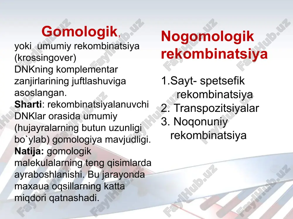 gan, taxminan 15-30 juft nukleotidlar orasida bo’ladi. bakateriyalar xromosomasiga faglar dnksining ko`chishini (qo`shilishini) ta’minlab beradi. dnkning ma’lum qisimlarinibakteriyalar xromosomasiga,bakteriofaglar va achitqilar plazmidasiga inversiyasini ta’minlaydi. immunoglobulinlarni kodlovchi dnkdagi ketma-ketliklar qayta tuzilishini ta’minlaydi. λ fag da sayt-spetsefik rekombinatsiya sxemasi. a, b – fagning ikki zanjirli dnksi xalqa bo`lib yopiladi b, v – fag dnksining bakteriya xromosomsidagi gal va bio genlari orasidagi maxsus sayt att (attachment)-saytlar orasida rekombinatsiyalashish yo`li bilan integratsiyalanishi v – profag g – rekombinatsiyalanish jarayonining umumiy ko`rinishi yozuvi rekombinatsiya fag l dnkning o'ziga xos nukleotidlar ketma-ketligi (attp joyi) va e. coli ning noyob dnk ketma-ketligi (attb joyi) ichida sodir bo'ladi. attp va attb joylarining nukleotidlar ketma-ketligi butunlay boshqacha, garchi ular 15 juft nukleotiddan iborat umumiy yadroga (o) ega bo'lsa. attp (pop') 150 ta nukleotidni chapga (p) va 75 nukleotidni umumiy yadroning o'ng tomoniga (p') cho'zadi va attb (bob') uzunligi atigi 25 nukleotid bo'lgan segment, shu jumladan yadro. chapdagi (attl) va …