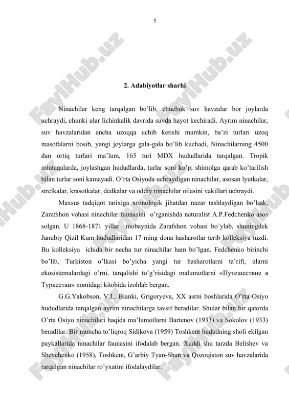 shularga asoslanib, ya’ni ninachilarga bag’ishlangan tadqiqiotlarni taxlili bo’yicha qirg’iziston, tojikiston xududlarida bu xasharotlar faunasi bir muncha to’liq o’rganildi. o’rta osiyoning boshqa xududlarida, jumladan o’zbekistonning agrosenoz va biosenozlardan ma’lumotlar kam bo’lishi bilan xarakterlanadi. belishev (1989) nukus, toshkent, bekobot, samarqand, sari-chelek qo’riqxonasi, mingqush, dastuk shaharlari atrofida; va janubiy qozog’iston xududlarini tekshirib, ninachilar faunasi bo’yicha ma’lumotlar yig’di va ularni tahlil qildi. muallifning fikricha, o’rta osiyo odonatofaunasi, boshqa geografik xududlarga nisbatan ham o’rganilgan, shunga muvofiq ninachilar sistematik qatorlari tuzilmagan, aniqlagichlar ustida ishlar olib borilmagan, taksonomik xolatlari ishlab chiqilmagan. shmit, o’rta osiyo faunasida gomphidai oilasiga 5 ta avlod borligini izohlab bergan. ulardan paragomphus avloddagi, tur paragomphus janubiy o’zbekiston, shimoliy g’arbiy afg’onistonda tarqalgan. bu hududlarda tez-tez uchrab turadigan turga gomphidai flavipes liniatus kiradi. turkmaniston hududlarida onychogomphus avlodiga 4-ta tur kiradi. ularning orasida onychogomphus forcipatus inguilatus va g.v. schnideri shimoliy eron suv havzalaridan aniqlangan [17]. qirg’iziston suv havzalarida krilova (1969) ma’lumotlari bo’yicha uchta tur tarqalgan. bularga – …