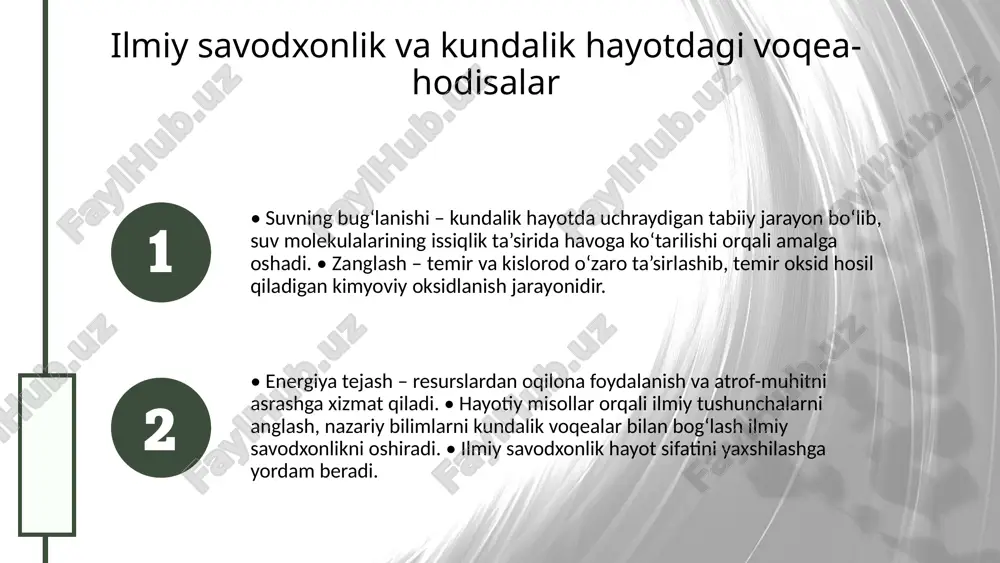 dars modeli suvning qattiq, suyuq va gaz holatlarini o‘rganishga qaratilgan. • 5e + edubalance yondashuvi: jalb qilish, o‘rganish, tushuntirish, chuqurlashtirish va baholash bosqichlari. • hayotiy misollar va laboratoriya tajribalari orqali ilmiy savodxonlik va amaliy ko‘nikmalar rivojlanadi. hayotiy misollar asosida fanlararo integratsiya va ilmiy tafakkur kimyo, fizika va biologiya fanlarini birlashtirish murakkab muammolarni hal qilishda tizimli fikrlashni rivojlantiradi va ilmiy savodxonlikni oshiradi. fanlararo integratsiyaning mohiyati muammoli va tahliliy topshiriqlar nazariy bilimlarni amaliyotda qo‘llash hamda mustaqil va tanqidiy tafakkurni rivojlantirishda muhim rol o‘ynaydi. muammoli topshiriqlarning roli barqaror rivojlanish uchun fanlararo bog‘lanish ekologiya, iqtisod va jamiyat sohalarini uyg‘unlashtirishda muhim ahamiyatga ega. barqaror rivojlanish va fanlararo bog‘lanish hayotiy misollar asosida o‘qitish ilmiy bilimlarni real hayotga tatbiq etish va talabalar motivatsiyasini oshirishga yordam beradi. amaliyot va motivatsiya ilmiy savodxonlikni rivojlantirishda amaliy tavsiyalar va metodik yondashuvlar • darslarni kundalik hayotdagi voqea-hodisalar asosida rejalashtirish o‘quvchilarning fanlarga qiziqishini oshiradi va bilimlarni real hayotga tatbiq etishga yordam beradi. • …