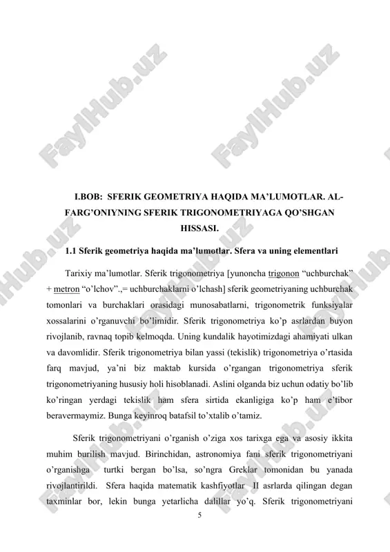 oki bu burchaklar tortib turgan , , yoylar ham teng ekanligi kelib chiqadi. teorema isbotlandi. ta’rif 1.5. sferadagi aylananing ixtiyoriy nuqtasidan yaqin qutbgacha bo’lgan sferik masofa qutb masofa deyiladi. katta aylana uchun qutb masofa uning ixtiyoriy qutbigacha bo’lgan sferik masofa olinishi mumkin. ta’rif 1.6. katta aylananing to’rtdan biri kvadrant deyiladi. natija 1. katta aylananing qutb masofasi kvadrant bo’ladi. natija 2. aylananing nuqtalarini uning qutb nuqtasi bilan tutashtiruvchi tog’ri chiziqlar teng. ta’rif 1.7. sferadagi ixtiyoriy ikki nuqtalarning har biri bilan kvadrant masofalarda turuvchi nuqta, shu ikki nuqtalardan o’tgan kata aylanaga qutb nuqta bo’ladi. ta’rif 1.8. sfera bilan bitta va faqat bitta umumiy nuqtaga ega to’g’ri chiziq yoki tekislik urinma chiziq yoki urinma tekislik deyiladi. natija 1. sferaning urinma tekislikning urinish nuqtasiga tushirilgan radiusi tekislikka perpendikulyar bo’ladi. teorema 1.3. bir tekislikda yotmagan to’rtta nuqta orqali faqat bitta sfera o’tkazish mumkin. teorema 1.4. ikkita sferik sirtlar kesishmasidan aylana hosil bo’ladi. bu aylana sferalar …