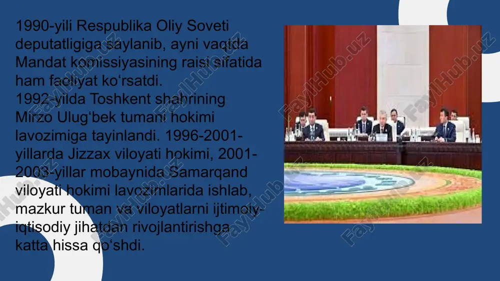 adabiyotlar 1. o‘zbekiston respublikasi prezidenti shavkat mirziyoyev. yangi o‘zbekiston strategiyasi. navoiy davlat universiteti nashriyoti, 2022. 2. mustaqil o‘zbekiston: siyosiy va iqtisodiy islohotlar. toshkent: o‘zbekiston davlat universiteti nashriyoti, 2021. 3. ilkbahorov, a. o‘zbekistonning raqamli transformatsiyasi va davlat boshqaruvi. “o‘zbekiston iqtisodiyoti” jurnali, 2023, № 4. 4. sultonov, b. davlat boshqaruvidagi innovatsiyalar va yangi o‘zbekiston. “xalq so‘zi” gazetasi, 2022. 5. qurbonov, d. ijtimoiy siyosat va xalq bilan ishlash: shavkat mirziyoyev davridagi yutuqlar. “yoshlar va ta’lim” jurnali, 2023, № 2. savolar: shavkat mirziyoyev “yangi oʻzbekiston” konsepsiyasini qanday maqsad va tamoyillar asosida ilgari surgan? prezident shavkat mirziyoyev rahbarligida mamlakatda amalga oshirilgan eng muhim islohotlar nimalardan iborat? “inson qadri uchun” tamoyili shavkat mirziyoyev siyosatida qanday ifodasini topgan? yangi oʻzbekistonni qurish jarayonida raqamli iqtisodiyot va innovatsiyalar qanday ahamiyat kasb etmoqda? shavkat mirziyoyevning xalq bilan muloqotga asoslangan boshqaruv uslubi qanday yangiliklar kiritdi? image1.jpeg image4.png image5.png image6.png image7.png image8.png image9.jpeg image10.jpeg image11.jpeg