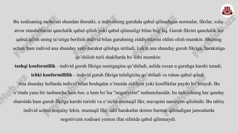 da sanktsiyalar mavjud. sanktsiyalar amalda ham, "aybdor" ga nisbatan munosabat o'zgarganda ham ifodalanishi mumkin. birinchisi rasmiy jamoalarga, ikkinchisi norasmiy jamoalarga tegishli. 16 xulosa guruh bosimi va komformizm insonlarning ijtimoiy muhitda qanday harakat qilishini tushunishga yordam beradi. informatsion va normativ komformizm, guruh identifikatsiyasi va ijtimoiy ta'sir kabi turlar, insonlarning o'z fikrlarini va xulq-atvorlarini qanday o'zgartirishini ko'rsatadi. bu tushunchalar, ijtimoiy psixologiya va inson xulq-atvorini o'rganishda muhim ahamiyatga ega. foydalanilgan adabiyotlar 1. mirziyoyev sh.m. erkin va farovon, demokratik o‘zbekiston davlatini birgalikda barpo etamiz. o‘zbekiston respublikasi prezidenti lavozimiga kirishish tantanali marosimiga bag‘ishlangan oliy majlis palatalarining qo‘shma majlisidagi nutq. – toshkent: “o‘zbekiston”, 2016. – 56 b. 2. karimov i.a. “yuksak ma’naviyat – yengilmas kuch.” – toshkent: “ma’naviyat”. 2008. – 176 b. 3. mirziyoyev sh.m. tanqidiy tahlil, qat’iy tartib-intizom va shaxsiy javobgarlik – har bir rahbar faoliyatining kundalik qoidasi bo‘lishi kerak. mamlakatimizni 2016 yilda ijtimoiy-iqtisodiy rivojlantirishning asosiy yakunlari va 2017 yilga mo‘ljallangan iqtisodiy dasturning eng muhim …