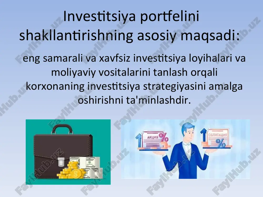 ddan barcha xarajatlar, to‘lovlar va soliqlarni chiqarib tashlangandan keyingi miqdor. sof foyda investitsiyaning real samaradorligini ko‘rsatadi. nisbiy ko‘rsatkichlar: riskka nisbatan daromad: bu ko‘rsatkich investorning olgan daromadini riskni hisobga olgan holda baholaydi. bunga qator usullar kiradi: sharp koeffitsienti: bu koeffitsient, portfelning riskka nisbatan olingan daromadini ko‘rsatadi. ushbu koeffitsientni hisoblash uchun, portfelning o‘rtacha daromadidan risksiz foiz stavkasi ayriladi va natija portfelning standart og‘ish (o’rtacha kvadratik chetlanishi)ga bo‘linadi. treynor koeffitsienti: bu koeffitsient investitsiya riskining portfelning daromadiga nisbatini ko‘rsatadi. unda portfelning o‘rtacha daromadi uning riski (beta koeffitsienti) bilan taqqoslanadi. markowitzning portfel nazariyasi markowitzning portfel nazariyasi aktivlarning daromadliligini tasodifiy o'zgaruvchilar sifatida ko'rib chiqish va risk o'lchovi sifatida standart og’ish (o’rtacha kvadratik chetlanish)ni olish g'oyasiga asoslanadi. shu bilan birga, investitsiya portfelini shakllantirish muhim muammoni hal qilishni o'z ichiga oladi: aktivlarni diversifikatsiya qilish orqali umumiy risk darajasini bozor darajasiga tushirishga qaratilgan. portfelni shakllantirishda investor bir xil daromad keltiradigan, ammo risk darajasi pastroq bo'lgan aktivlarni afzal ko'radi, deb …