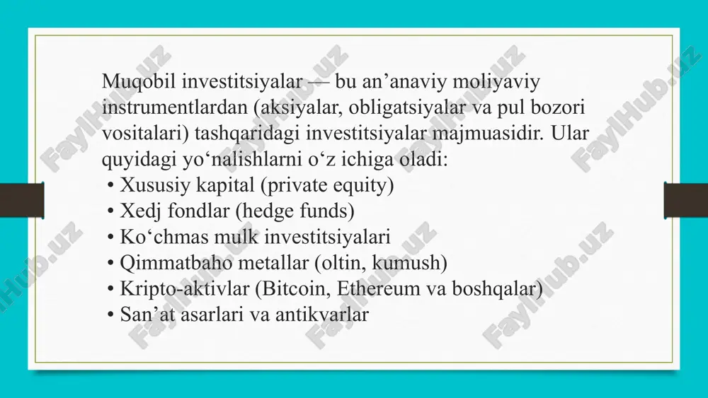 aqdim etilishi kabi vaziyat bo'lishi mumkin emas. ammo bu ko'p jihatdan hissiy xususiyat bo'lib, muqobil investitsiyalarning odatiy investitsiyalarga nisbatan afzalliklarini aks ettirmaydi, xususan, "o'sish uchun" pul investitsiyalari. shu ma'noda ikkinchi afzallik - bu muqobil investitsiyalar uchun narxlarning alohida mamlakatlar va butun dunyo iqtisodiyoti holatidan amaliy mustaqilligi. bunday mahsulotlarning narxi yildan-yilga ko'tariladi va iqtisodiy zarbalarga deyarli javob bermaydi. afzalliklari yana bir afzallik - bunday investitsiyalarning ob'ektivligi, ya'ni haqiqiy jismoniy timsoli. investor ma'lum bir ichki qiymatga ega ma'lum bir narsani sotib oladi. qimmatli qog'ozlar bozoriga investitsiyalar bo'lsa, investor mulkiy huquqlarga ega, ammo ular nomoddiydir va faqat savdo terminalida yoki depozitariyda elektron yozuv bilan ifodalanadi. shuning uchun konservativ odamlar ko'pincha fond bozoridagi investitsiyalarga ishonmaydilar. qimmatli qog'ozlar, obligatsiyalar yoki boshqa bozor vositalari "tegish" yoki xavfsiz joyda yashirish mumkin bo'lgan narsa emas. xususan, bunday investorlar uchun muqobil investitsiya variantlari katta afzalliklarga ega. muqobil investitsiyalarning afzalliklari va kamchiliklari noan'anaviy xavflarning mavjudligi , ulardan himoya qilish qo'shimcha, …