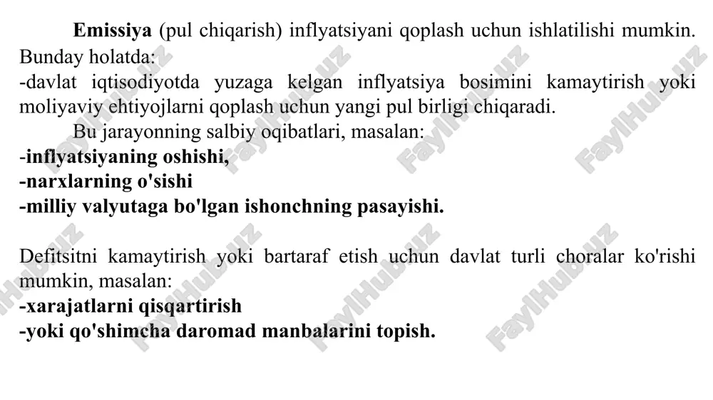 , bir mamlakatda neft narxlari jiddiy oshmoqda. ko'plab sanoat tarmoqlari, masalan, transport va ishlab chiqarish sektori, neftni energiya manbai sifatida ishlatadi. neft narxining oshishi ularning ishlab chiqarish xarajatlarini ko'paytiradi. shuning uchun, bu sektordagi kompaniyalar o'z mahsulotlarining narxlarini oshirishga majbur bo'ladi. xulosa: inflyatsiya taklifi-bu ishlab chiqarish xarajatlarining oshishi yoki resurslarning qimmatlashishi tufayli yuzaga keladi. bu holatda, kompaniyalar yuqori xarajatlarni qoplash uchun narxlarni oshiradilar, natijada umumiy narxlar darajasi ko'tariladi. inflyatsiya turlari: 1-o`rmalovchi inflyastiyada narxlar sekin 10% qadar oshadi, pulning qiymati saqlanadi. bu narxlarning me‘yorda o`sishini bildiradi; 2-yoyo`rg`alovchi inflyatsiyada narxlar yiliga tez 20% dan 200% gacha o`sadi. pul qadrsizlanadi. tuziladigan shartnomalarda inflyatsiya inobatga olinadi. 3-giperiflyasiyada narx 1000% ziyodga o`sadi. giperinflyatsiya moliyaviy inqirozni, depressiya, ijtimoiy va siyosiy beqarorlikni tezlashtiradi. 2024-yilda o'zbekistonda inflyatsiya darajasi 9,8 foizni tashkil etdi. yil davomida oziq-ovqat mahsulotlari narxlari o'rtacha 2,4 foizga oshdi. nooziq-ovqat tovarlari narxi 7,7 foizga, pulli xizmatlar narxi esa 26,7 foizga qimmatlashdi. 2024-yilda kartoshka deyarli 40 foiz, sabzi …