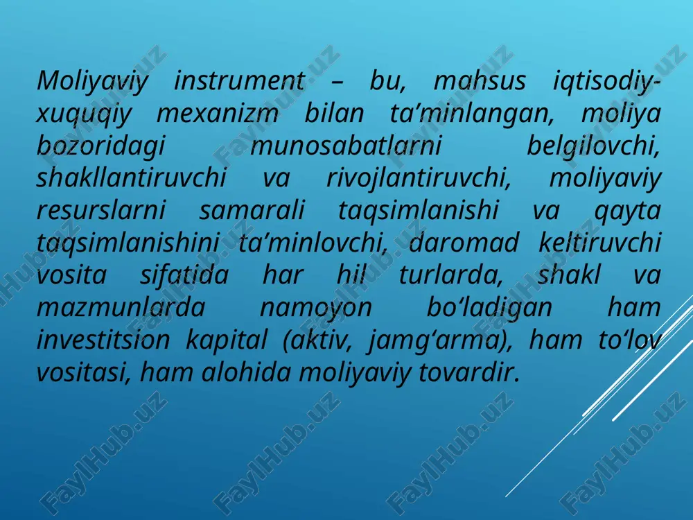 oʻp qismini oladi. spot (ing . spot — naqd, haqi darhol toʻlanadigan) — naqd tovar yoki valyuta oldisotdisi toʻgʻrisida birja yoki birjadan tashqari kelishuv turi. s shartlarida sotilgan tovar haqi darhol toʻlanadi, tovarning oʻzi esa haridorga ertasiga yetkazib beriladi. oradagi bir kun mobaynida kelishuv hujjatlarini rasmiylashtirish, bank operatsiyalarini oʻtkazish ishlari bajariladi. xazina majburiyatlari - davlat tomonidan chiqarilgan qimmatli qogʻoz; xazina majburiyatlari sotilganidan soʻng egasining maʼlum pul miqdorini byudjetga oʻtkazganini tasdiklaydi va egalik qilish muddati davomida qayd qilingan daromad olish huquqini beradi (qarang qimmatli qogʻozlar). hosilaviy qimmatli qog‘ozlar - bu shartnomalar bo‘lib, ular bo‘yicha bir tomon qimmatli qog‘ozlarning ma’lum bir miqdorini ma’lum muddatda kelishilgan narxda sotib olish yoxud sotish huquqi yoki majburiyatini oladi. davlat obligatsiyalari — davlat tomonidan chiqarilgan qimmatli qogʻoz turi: d.o.ni sotib oluvchilar — aholi, firmalar, banklar va turli tashkilotlar investorlar hisoblanadi. obligatsiyalarni sotishdan tushgan pul davlatning daromadini tashkil etadi, ammo u davlatning qarziga ham aylanadi (qarang davlat qarzi). …
