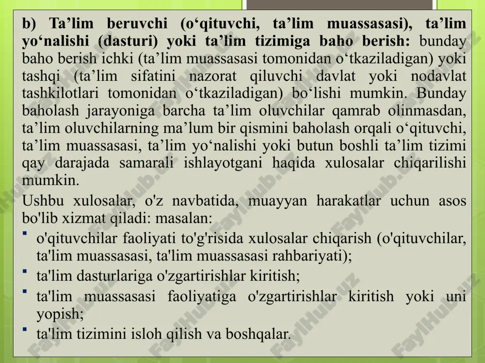 - test o'tib vaqtida qat'iy cheklangan, test individual (yoki yaqin-up) murakkabligi topshiriqni keladi, va odatda, barcha vazifalar yakuniy baholash bilan yakunlandi, test natijasi javob to'g'ri miqdori bog'liq bo'lishi mumkin. kuchli test - testdan o'tish vaqtida qat'iy cheklanmagan holda, testda murakkab vazifalar kiradi va test natijasi nafaqat to'g'ri javoblar miqdoriga, balki vazifalar qanday hal qilinishiga ham bog'liq bo'lishi mumkin. kulgili test-bunday testlarda aniq test va kuchli test mavjud: testda turli xil murakkabliklar to'plami mavjud va test uchun ochilgan vaqt cheklangan, test natijasi to'g'ri javoblar miqdoriga bog'liq bo'lishi mumkin. gomogen test-bu faqat bitta mavzudan iborat test. geterogen test-bir nechta tegishli fanlar bo'yicha test topshiriqlaridan iborat test. monomorfik test-bu faqat bitta turdagi test topshiriqlarini o'z ichiga olgan test. polimorfik test-bu har xil turdagi test topshiriqlarini o'z ichiga olgan test. chiziqli test-barcha mavzularga berilgan ketma-ketlikda bir xil test topshiriqlari beriladi. test turlari image2.png image3.png /docprops/thumbnail.jpeg