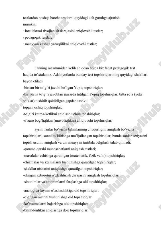agan javobiga ko’ra, test topshirig’i tegishli ikkita kod: 1 yoki 0 bilan kodlanib, so’ngra shu holda ehmga kiritiladi. 1. bilimlarni test bilan nazorat qilish adolatliligi an’anaviy shakllar bilan taqqoslanganda: a) ortadi. b) pasayadi. 2. bilimlarni har qanday vaqt oraligida oshishiga baho berish imkonini beradigan nazorat turi: a) odatdagi b) testli. «ha» va «yo’q» degan ikkita javobli yopiq test topshiriqlari ustida alohida to’xtalib o’tish lozim. ba’zi bir topshiriqlar ularning javoblari ikki xil ma`noni bildiradigan qilib bayon etilishi mumkin. masalan: siz testlar qo’llanishini xush ko’rasizmi? - ha (xush ko’raman). yo’q (xush ko’rmayman). bunday hollarda javoblar uchun «to’g’ri» va «noto’g’ri» so’zlarni ishlatish maqsadga muvofiqdir.masalan: yopiq test topshiriqlari bilimlarni kompyuterdan foydalanib nazorat qilishga qulay. testlarning ikkita asosiy turi mavjud: an'anaviy va noan'anaviy. sinov tarkibi, yaxlitligi va tuzilishiga ega. u topshiriqlar, ularni qo'llash qoidalari, har bir topshiriqni bajarish uchun belgilar va test natijalarini sharhlash bo'yicha tavsiyalardan iborat. testning yaxlitligi vazifalarning o'zaro bog'liqligini, ularning umumiy o'lchanadigan …