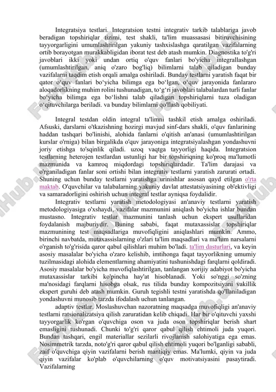 eng tayyor abituriyentlarni tanlash uchun qo'llaniladi. har bir heterojen test bir hil testlardan iborat bo'lganligi sababli, test natijalarini sharhlash har bir test topshiriqlariga javoblarga ko'ra amalga oshiriladi (bu erda ular shkala deb ataladi) va bundan tashqari, ballarni umumlashtirishning turli usullari orqali urinishlar amalga oshiriladi. predmetning tayyorgarligiga umumiy baho berish. eslatib o'tamiz, an'anaviy test - bu bir xil topshiriqlarga, bir vaqtning o'zida, bir xil sharoitda va bir xil baholash bilan javob beradigan sub'ektlarni diagnostika qilish usuli. ushbu yo'naltirilganlik bilan o'zlashtirilgan o'quv materialining aniq hajmi va tuzilishini aniqlash vazifalari, zaruratga qarab, orqaga o'tadi. sinovda shunday minimal etarli miqdordagi vazifalar tanlanadi, bu majoziy ma'noda "kim nimani biladi" emas, balki "kim ko'proq biladi" ni nisbatan aniq aniqlash imkonini beradi. test natijalarini sharhlash asosan testologiya tilida o'rtacha arifmetik, rejim yoki mediana va foizli me'yorlar deb ataladigan bo'lib, test ob'ektlarining necha foizi test natijalariga qaraganda yomonroq ekanligini ko'rsatadigan testologiya tilida amalga oshiriladi. uning test balli bilan …