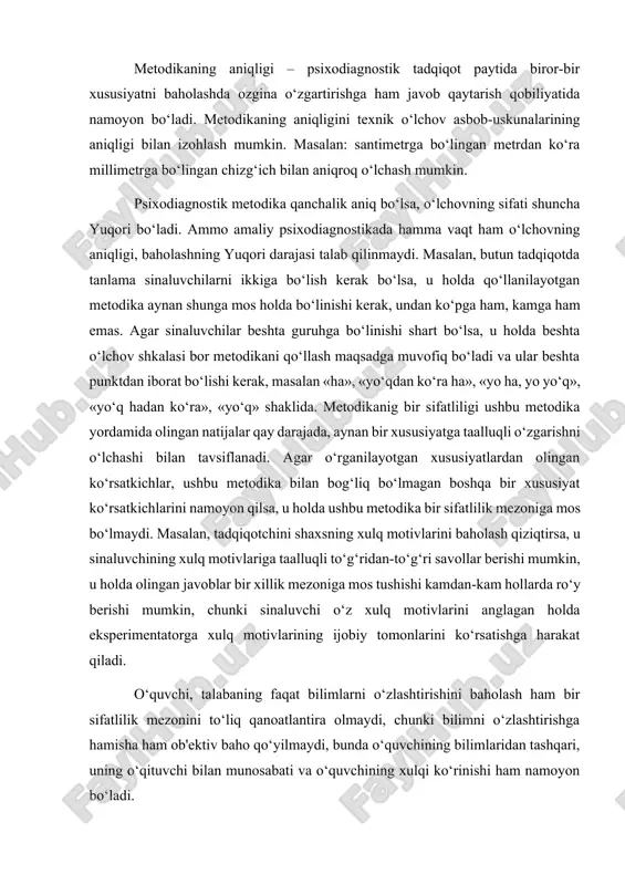 bir sifatliligi to‘liq bo‘lmasa ham uni aniq shartlar asosida qo‘llash mumkin. ammo quyidagilarni unutmaslik zarur: noaniq metodika, o‘tkazilayotgan eksperiment natijalari biror-bir xususiyatdagi kichik o‘zgarishlarni aniqlash imkonini bermaydi; metodika bir sifatliligining to‘liq emasligi, hamisha ham aynan baholanayotgan xususiyatdagi o‘zgarishlar darajasi bilan olingan ko‘rsatkichlarni taqqoslash imkonini bermaydi. 3. psixodiagnostik metodikani va tekshiruv natijalarini standartlashtirish muammosi. psixodiagnostik natijalarga qo‘llanilgan metodikadan tashqari voqea hamda hodisalar ham ta'sir qiladi, ya'ni berilgan ko‘rsatmalarni sinaluvchining to‘g‘ri tushunmasligi va test vaqtida sinovchining xulqi va shaxs xususiyatlari o‘z ta'sirini ko‘rsatishi mumkin. agar voqelikni sinaluvchi imtihon sifatida qabul qilsa, o‘zini shu voqelikka mos tarzda tutadi. yuqori xavotirli odamni hamisha va hamma payt yuqori «xavotirlik» holati qamrab oladi, har qanday hodisani xavf sifatida qabul qiladi. kichik darajali xavotirli odam buning aksidir, ya'ni o‘zini erkin tutadi. sinaluvchilarning xulqi, xatti-harakati va ularning ko‘rsatgan natijalari ko‘rsatmalarni qanday tushunishi bilan bog‘liqdir. shuning uchun ham psixologik tashxisda ko‘rsatmalarning aniq tuzilishi va ularning tez anglab olinishiga qat'iy …