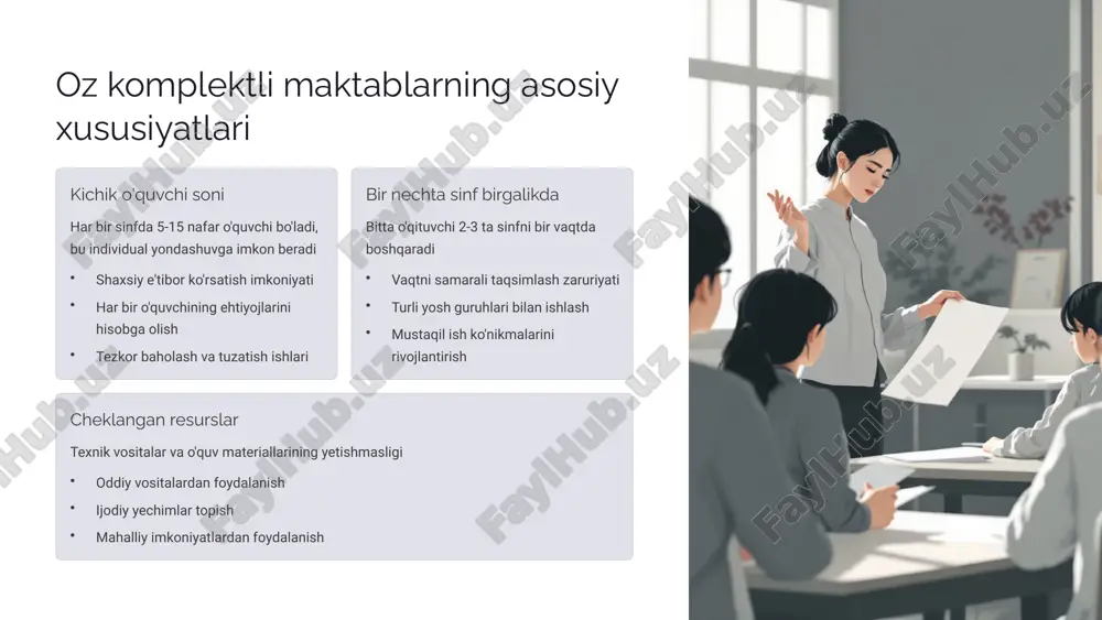 imkoniyatini yaratadi. 10 amaliy matematika va hayot bilan bog'liqlik qishloq xo'jaligi matematik masalalari dehqonchilik bilan bog'liq hisob-kitoblar: hosil miqdori, maydon o'lchash, urug' sarfi, moliya hisobi. bu o'quvchilarga matematikaning amaliy ahamiyatini ko'rsatadi. savdo va iqtisodiy masalalar bozor narxlari, foyda-zarar hisobi, valyuta kursi kabi mavzular orqali matematik ko'nikmalarni rivojlantirish. real hayot misollaridan foydalanish. qurilish va geometriya uy qurish, maydon o'lchash, material hisobi kabi amaliy vazifalar orqali geometrik tushunchalarni o'rgatish. nazariy bilimlarni amaliyotga tatbiq etish. oz komplektli maktablarda matematika o'qitishning eng samarali usullaridan biri - bu fanlararo integratsiya va hayot bilan bog'liqlikni ta'minlashdir. o'quvchilar o'z atroflarida ko'radigan narsalar orqali matematik tushunchalarni o'rganganlarida, bilimlar mustahkam va amaliy bo'ladi. masalan, bog'dorchilik bilan shug'ullanayotganda o'quvchilar maydon hisobi, foiz, nisbat va proporsiya kabi mavzularni amaliy ravishda o'rganadilar. bu usul nafaqat bilim beradi, balki o'quvchilarning matematikaga bo'lgan qiziqishini ham oshiradi. 11 o'qituvchilarni tayyorlash va malaka oshirish 1 boshlang'ich tayyorgarlik oz komplektli maktablarda ishlash uchun maxsus tayyorgarlik kurslari. bir …
