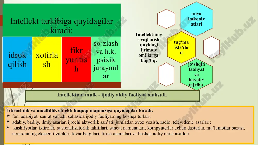 aoliyat natijalari: elektron hisoblash mashinalari uchun dasturlar va ma’lumot bazalari; sanoat namunalari; fonogramma va eshittirishlari; seleksiya yutuqlari; foydali modellar, oshkor etilmagan axborot, eshittirish tashkilotlarining ijrolari, fan, adabiyot, san’at asarlari; ishlab chiqarish sirlari (nou-xau) fuqarolik muomalasi ishtirokchilarining, tovarlar, ishlar va xizmatlarning xususiy alomatlarini aks ettiruvchi vositalar: tovar (xizmat) belgilari; firma nomlari; tovar chiqarilgan joy nomi; fkda nazarda tutilgan hollarda intellektual faoliyatning boshqa natijalari hamda fuqarolik muomalasi ishtirokchilarining, tovarlar va xizmatlarning xususiy alomatlarini aks ettiruvchi boshqa vositalar (fk 1031-modda). sanoat mulki ob’ektlari orasida ixtirolar markaziy o‘ringa ega. ixtironing ahamiyati bir qator jihatlar bilan izohlanadi: 1) ixtirolar soni sanoat mulkining boshqa ob’ektlari sonidan ancha ortadi; 2) ixtiro ko‘pincha texnikaning raqobatbardoshligini belgilaydi; 4) faqat ixtirolarga bo‘lgan patentlar yordamidagina yangi texnologik jarayonlarni himoya qilish mumkin. ixtiro ob’ektlariga moslamalar (mashinalar, uskunalar va h.k.), usullar (metodlar, jarayonlar va h.k.), moddalar (materiallar, qotishmalar), retseptlar kiradi. ixtironing muhim jihati shundaki, u yangi g‘oya bilan cheklanib qolmasligi lozim, garchi g‘oyat …