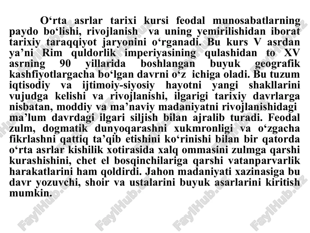 odga o‘tib kelgan, etnografik malumotlar insonlar xotirasida qiyosan keyingi voqealarni aniqrok va to‘laroq saqlaydi. o‘rta asrlarning barcha davrlari uchun asosiy manba yozma ma’lumotlardir. qo‘lyozmalarni saqlash sharoitlarining yaxshilana borishi, ularning soni, xilma-xilligi, ma’lumotlarni asrdan-asrga ko‘payib borishini kuzatamiz. o‘rta asrlarga oid yozma manbalarni uchta turkumga ajratish ma’qul bo‘ladi: 1) qissalar - mavjud yoki hayoliy xayot eng mayda jixatlari bilan erkin usulda tasvirlangan yozma ashyolar; narrativ(xikoya qiluvchi), butun borliqdagi holatni erkin tarzda tasvirlab beradi; 2) qonunlarga oid manbalar o‘z turi bo‘yicha xukukshunoslikka mansub bo‘lsa-da, ulardan mazkur jamiyat tarixini yoritish uchun emas, aksincha, qonun chiqaruvchi hukmdorlarning ijtimoiy munosabatlarni barqarorlashtirish, vaziyatni tartibga solishga qaratilgan harakatlarini tavsiflashda foydalaniladi. normativ, mavjud huquqiy normalarni, shuningdek xukmdorning ijtimoiy munosabatlarni tartibga solishga intilgan hohish-irodasini, bularga shuningdek kelib chiqishi nodavlat tashkilotlarga tegishli ko‘rsatmalar kiradi, masalan, mahalliy urf-odatlar, cherkov sobor(yig‘ilish)larining qarorlari, monastirlar, hunarmandchilik sexlari, universitetlarning nizomlari kiradi; 3) xujjatlar - ma’lum ijtimoiy-xukukiy va ijtimoiy-siyosiy voqealar yoki ularning muhim jihatlari maxsus qoidalar asosida …