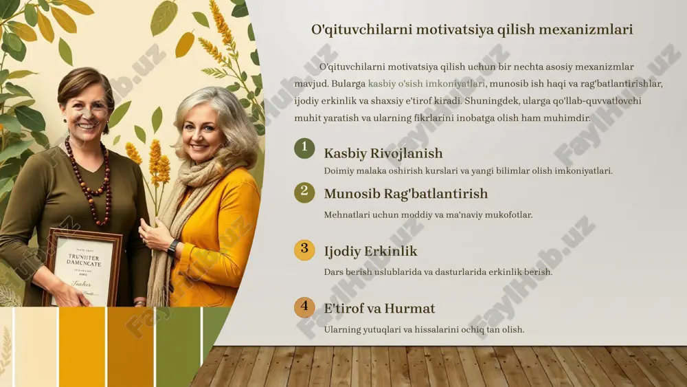 u muammolarni hal qilish uchun shaffof baholash mezonlarini ishlab chiqish, resurslarni samarali taqsimlash, doimiy monitoring olib borish va foydalanuvchilardan fikr-mulohazalar olish muhimdir. muammolar: resurslar yetishmasligi sub'ektiv baholash barcha ishtirokchilarni qamrab olmaslik motivatsiyaning qisqa muddatliligi yechimlar: shaffof mezonlar ishlab chiqish resurslarni oqilona taqsimlash doimiy monitoring va fikr-mulohazalar barqaror rag'batlantirish madaniyatini yaratish ushbu muammolarni hal qilish tizimning samaradorligini sezilarli darajada oshiradi. 13 samarali rag'batlantirish tizimini yaratish bo'yicha tavsiyalar samarali rag'batlantirish tizimini yaratish uchun bir necha asosiy qadamlarga e'tibor qaratish lozim. bu strategik yondashuv va doimiy takomillashtirishni talab qiladi. 1 aniq maqsadlar rag'batlantirish tizimining aniq maqsadlari va mezonlarini belgilash. 2 jarayonga jalb qilish o'qituvchi va o'quvchilarni tizimni loyihalashga jalb qilish. 3 turlarni diversifikatsiya qilish moddiy va nomoddiy rag'batlantirish turlarini uyg'unlashtirish. 4 doimiy baholash tizimni muntazam baholash va kerakli o'zgarishlarni kiritish. 5 madaniyatni shakllantirish ta'lim muassasasida qo'llab-quvvatlovchi rag'batlantirish madaniyatini yaratish. 14 xulosa va kelgusi rejalar rag'batlantirish ta'lim tizimining harakatlantiruvchi kuchidir. o'qituvchi va o'quvchilarning motivatsiyasini …