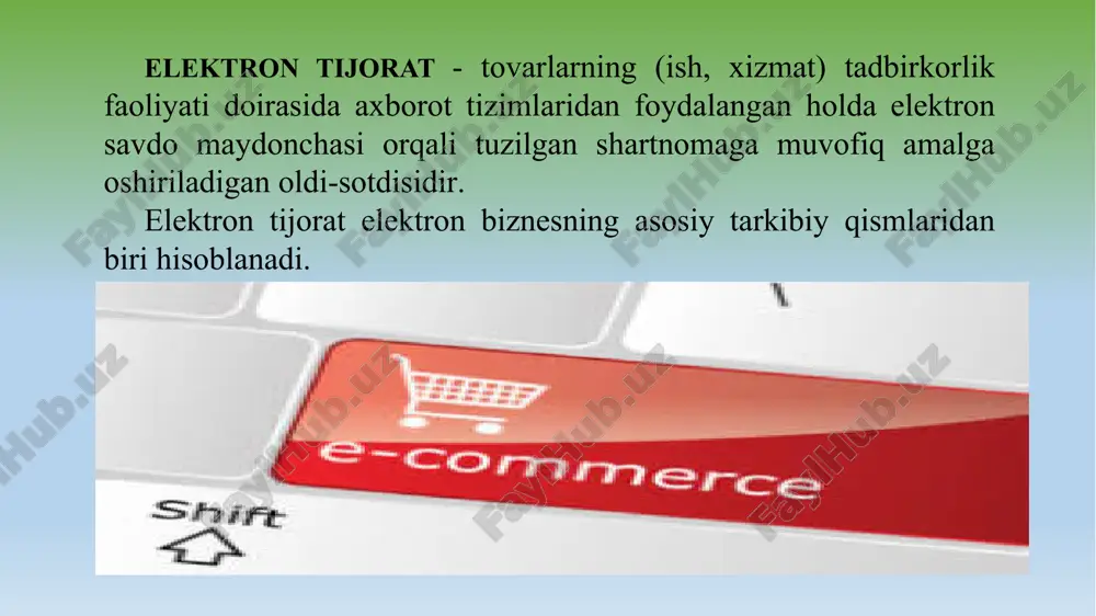 bundan tashqari respublikada elektron biznesni rivojlantirish maqsadida “e-karmon” loyihasi ishlab chiqildi va amaliyotga joriy qilindi. elektron tijorat turlari b2b biznesdan biznesga. masalan, kompaniyalar buxgalteriya dasturlarini yoki crm tizimlarini boshqa kompaniyalarga sotadilar. yoki kompaniyalar ushbu qismlarni jihozlarni ta'mirlash uchun ishlatadigan kompaniyalarga onlayn ravishda qurilish uskunalari qismlarini sotadilar. b2c - bu iste'molchi uchun biznes. misol uchun, onlayn-do'koni o'z kiyimlarini sayt orqali butun dunyo bo'ylab foydalanuvchilarga sotadi. yoki yandex bozori butun dunyo bo'ylab odamlarga maishiy texnika, kitoblar, o'yinchoqlar va boshqa mahsulotlarni sotadi. c2b - biznes uchun iste'molchi hisoblanadi. masalan, mustaqil ishlab chiquvchi o'z xizmatlarini kompaniyalarga birja orqali sotadi. yoki mustaqil maslahatchi biznes auditini o'tkazadi. c2c - iste'molchi uchun iste'molchi. masalan, repetitorlar, enagalar, maishiy texnika ta'mirlash ustalarini topish bo'yicha onlayn xizmatlar. ya'ni, oddiy odamlar o'sha oddiy odamlarni farzandi bilan o'tirish uchun yollaydi yoki matematika darslarini bajarishga yordam beradi yoki eshik qulfini o'rnatadi. g2b biznes uchun hukumatdir. masalan, hukumat ma'lumotlarni yig'ish va qayta ishlash xizmatini …