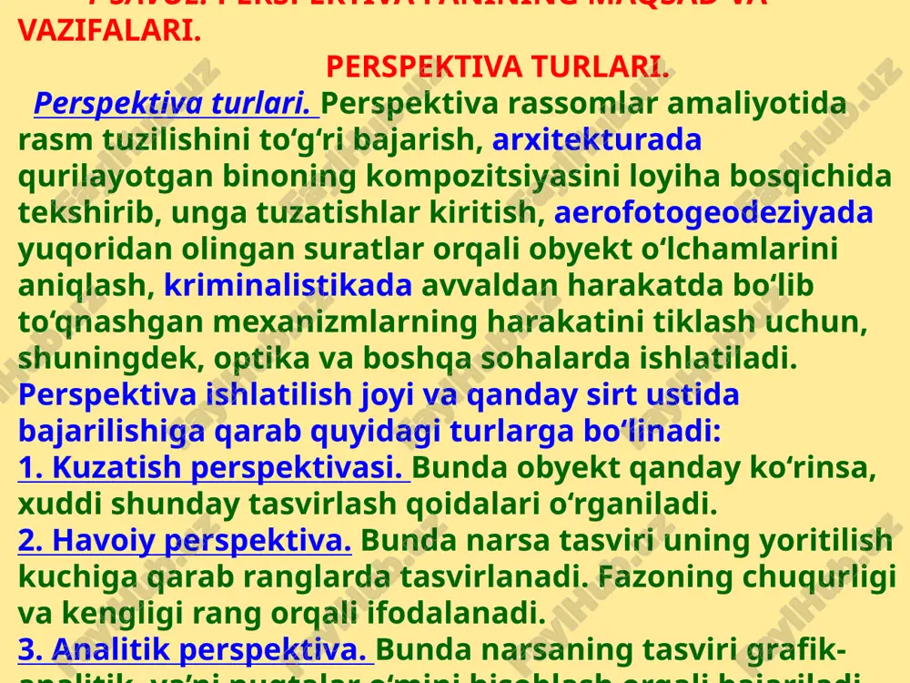 n chizig‘i hisoblanadi. u doimo gorizontal holatda tasvirlanadi. hayotda esa bu chiziqning o‘rni rassom yoki perspektiv tasvir yasovchining xohishiga bog‘liq bo‘ladi. 2-savol. perspektiva yasashning geometrik apparati va uning asosiy terminlari rassom yerning «portret»ini tasvirlamoqchi bo‘lsa, ufq chizig‘ini kartinaning iloji boricha yuqorirog‘idan o‘tkazishga harakat qiladi. osmonni, binolarni, haykallarni va shu kabilarni mahobatli qilib ko‘rsatishga to‘g‘ri kelsa, ufq chizig‘ini kartinaning pastrog‘idan o‘tkazishga to‘g‘ri keladi. ham yerni, ham osmonni bir xil ko‘rsatish lozim bo‘lsa, ufq chizig‘i kartinaning o‘rtarog‘idan o‘kaziladi. distansion (masofa) nuqtalar. ko‘rish nuqtasidan kartina tekisligigacha tanlab olingan masofa distansiya deyilib, u ufq chizig‘ida ikki marta belgilanadi. bosh ko‘rish nuqtasining chap tomonida ufq chizig‘i bo‘yicha sp masofa o‘lchab qo‘yiladi va u nuqta d, bilan belgilana. ufq chizig‘ining p nuqtasidan o‘ng tomonida sp ga baravar masofada olingan nuqta d2 bilan belgilanadi. bu ikkala nuq- taning perspektiv tasvirlar yasashdagi ahamiyati juda muhim hisob­lanadi. pdj va pd2 oraliqlar har qanday vaziatda ham bir xil kattalikda olinishi …