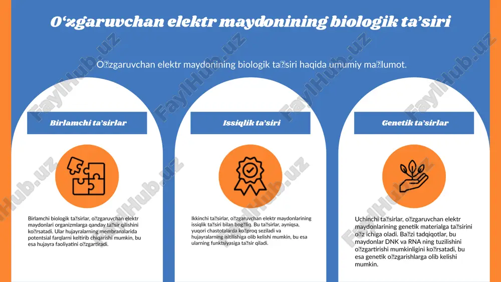 i tibbiyotda shifobaxsh apparatlar va muolajalar uchun yangi imkoniyatlarni ochadi, masalan, onkologiya va neyrologiya sohalarida. o‘zgaruvchan elektr maydonlarining kelajagi kelajak istiqbollari innovatsiya va tadqiqotlar tibbiyotdagi yangi imkoniyatlar o‘zgaruvchan elektr maydonlarining xavfsizligi va normativlari o‘zgaruvchan elektr maydonlarining xavfsizligi, energiya ta'minoti va ishlab chiqarish jarayonlarida muhim ahamiyatga ega. ularning xavfsizligi, insonlar va atrof-muhitga ta'sirini kamaytirish uchun zarur. o‘zgaruvchan elektr maydonlari uchun normativlar, xavfsizlikni ta'minlash va zararli ta'sirlardan himoya qilish maqsadida ishlab chiqilgan. ushbu normativlar, xalqaro standartlarga mos ravishda belgilangan bo'lib, ularni bajarish har qanday faoliyatda majburiy hisoblanadi. o‘zbekiston respublikasida, o‘zgaruvchan elektr maydonlari bilan bog‘liq normativ hujjatlar, energiya ta'minoti sohasida davlat tomonidan tasdiqlangan. bular, xavfsizlik me'yorlari va standartlarini o'z ichiga oladi va muhim hujjat sifatida qaraladi. o‘zgaruvchan elektr maydonlaridan foydalanishda, maxsus ko‘rsatmalar va tavsiyalar mavjud. bu ko‘rsatmalar, xavfsizlikni ta'minlash va foydalanuvchilarni himoya qilishga qaratilgan bo‘lib, ularni qat'iy rioya qilish zarur. photo by freddie marriage on unsplash ushbu slaydda o'zgaruvchan elektr maydonlari uchun normativ …
