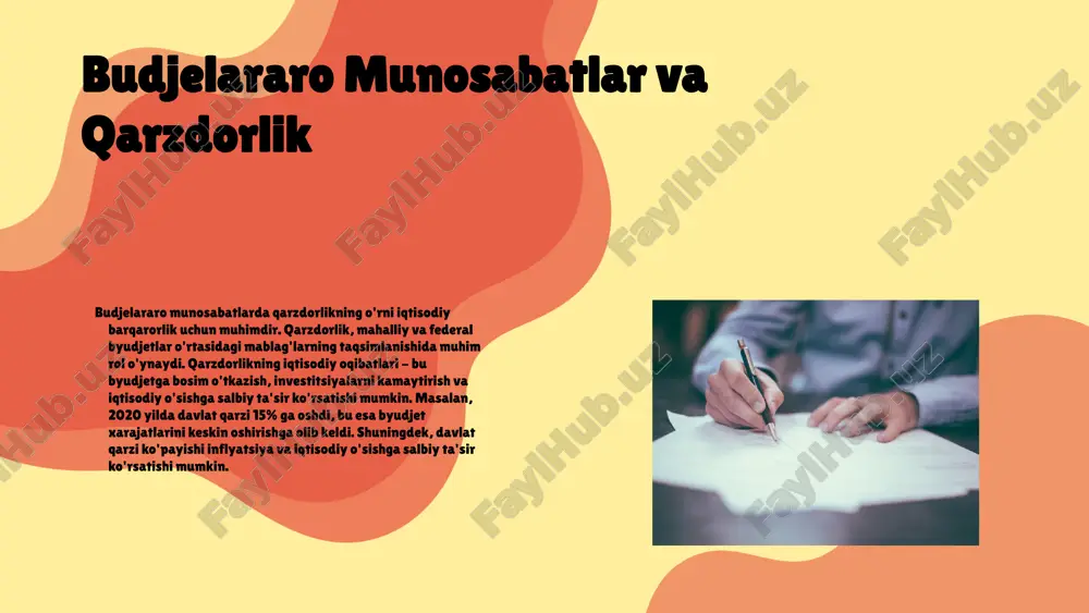 yatga ega. 2. qarzdorlik munosabatlari budjetlararo munosabatlarning ajralmas qismi hisoblanadi. 3. qarzdorlik hisobi budjetlararo munosabatlarni boshqarishda muhim rol o'ynaydi. 4. muvaffaqiyatli budjetlararo munosabatlar uchun zaruriy shartlar: shaffoflik, hisobdorlik va samaradorlik. 5. qarzdorlik hisobi amaliyoti misollaridan olingan darslar kelajakda yanada samarali qarorlar qabul qilishda yordam beradi. q&a designed by slidescarnival image1.png image2.png image3.png image4.png image5.png image6.png image7.png image8.png image9.png image10.png image11.png image18.png image19.png image20.png image21.png image29.jpg image15.png image16.png image17.png image27.png image28.png