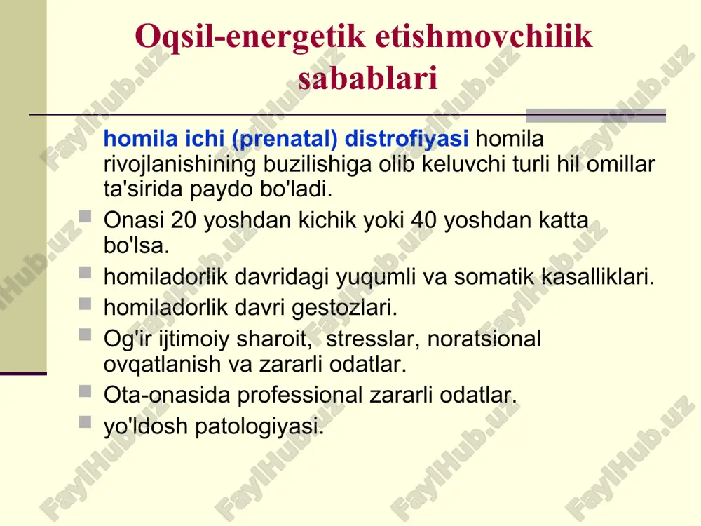 klarning rentgenogrammasi va fosfor-kaltsiy almashinuvi ko'rsatkichlari bu kasalliklarni iste'sno qilishda yordam beradi. proportsional nanizm gipofizning zararlanishi (gipofizar nanizm) yoki yurak-tomir va nafas olish sistemasining og'ir patologiyasi tufayli paydo bo'ladi. tug'ilganda kam uchraydi, asosan keyinchalik paydo bo'ladi. distrofiyaning davosi etiologik omillarni bartaraf etish kun tartibiga rioya qilish va bolaga optimal sharoit yaratish dietoterapiya. surunkali infektsiya o'choqlarini davolash yo'ldosh kasalliklarni davolash, ikkilamchi infitsirlanishning oldini olish gipodinamiyaga qarshi kurashish dietoterapiya dietoterapiyani ikki bosqichga ajratij lozim: turli ovqat moddalarini hazm qila olishini aniqlash; ovqat hajmini sekin asta oshirish va uning sifatini fiziologik yosh normasiga etkuncha korrektsiya qilish. birinchi bosqich 3-4 kundan 10-12 kungacha davom etadi, ikkinchisi – tuzalguncha . dietoterapiyaning umumiy printsiplari dietaning “yosharishi” - kichik yoshdagi bolalarga hos ovqat moddalarini berish; bo'lakli ovqatlantirish – tez-tez ovqatlantirish (masalan, gipotrofiya iii darajasida kuniga 10 martagacha) bunda ovqat miqdorini kamaytirish; har hafta ovqatni qayta hisoblash. oqsil, yog', uglevodlar korrektsiyasini tana vazni ortishiga qarab qilish; regulyar nazorat …