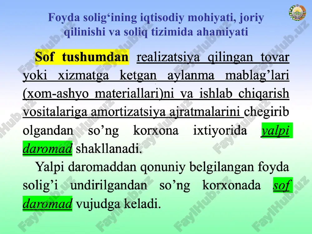 blag’lardan foydalanishdan olinadigan daromadlar 0 11 dividendlar tarzidagi daromadlar 5 12 qolgan soliq to’lovchilar, bundan 1 - 11-bandlarda ko’rsatilganlar mustasno 15 * foyda solig‘i stavkalari (sk. 337-modda.) * foyda solig‘i stavkalari (sk. 337-modda.) * foyda solig‘i stavkalari (sk. 337-modda.) * o‘zbekiston respublikasi prezidentining farmoni «tadbirkorlik subyektlarining eksport salohiyatini yanada kengaytirish chora-tadbirlari to‘g‘risida» 2022-yil 30-sentabr, pf-228-son o‘zbekiston respublikasi prezidentining 2022-yil 28-yanvardagi “2022-2026-yillarga mo‘ljallangan yangi o‘zbekistonning taraqqiyot strategiyasi to‘g‘risida”gi pf-60-son farmoni hamda o‘zbekiston respublikasi prezidentining tadbirkorlar bilan 2022-yildagi “ochiq muloqoti”da belgilangan vazifalarni amalga oshirish, shuningdek, eksport faoliyatini qo‘llab-quvvatlash tizimini yanada takomillashtirish maqsadida: 1. belgilansinki, 2022-yil 1-noyabrdan boshlab «eksport qiluvchi tashkilotlarga foyda solig‘i va aylanmadan olinadigan soliq bo‘yicha soliq solinadigan bazani kamaytirish ko‘rinishidagi imtiyozlar tovarlar (ishlar, xizmatlar)ni realizatsiya qilishdan tushgan umumiy tushumdagi eksport hajmining ulushidan qat’i nazar qo‘llaniladi». * foyda solig‘i stavkalari (sk. 337-modda.) * nogironlar mehnatidan foydalanadigan korxonalar uchun 1. xodimlarning umumiy soni, kishi 60 shu jumladan nogironlar, kishi 15 xodimlarning umumiy …