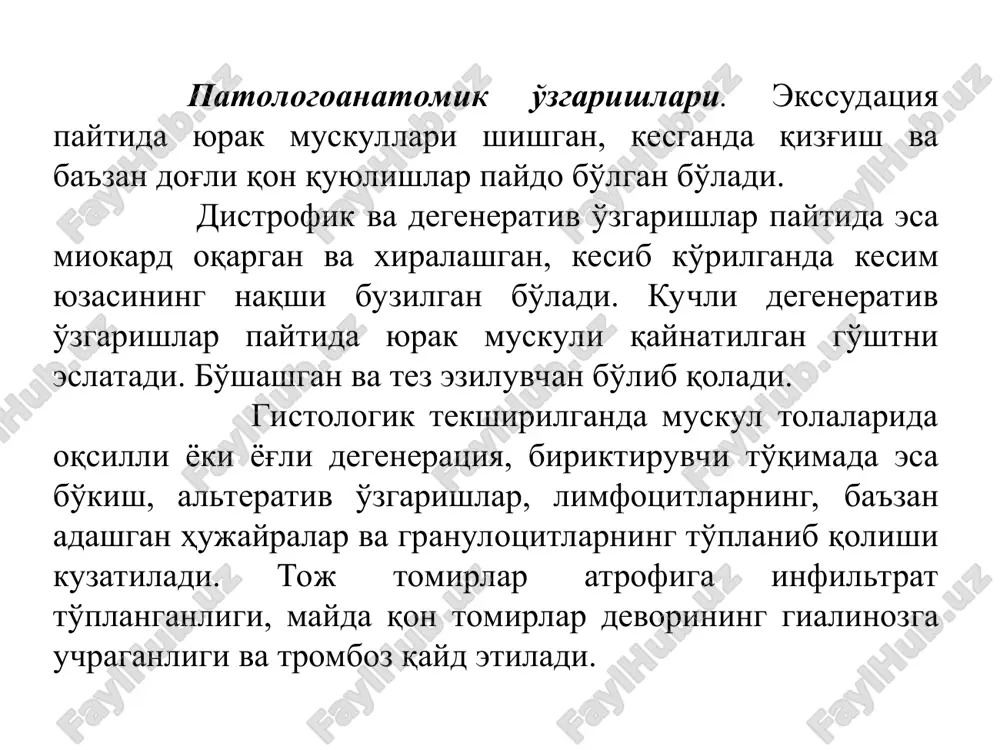 lganda teri ostiga 20%-li kamfora eritmasi (katta hayvonlarga 20-30, mayda hayvonlarga 3-6 ml), vena qon tomiri orqali kordiamin (10-15 ml) va 2-3 ml 0,1%-li adrenalin eritmasi (2-3 ml) qo'llaniladi. dimedrol, gormonal preparatlardan kortikotropin, kortizon va uning preparatlari, qimmatli va sportchi otlarni davolashda kokarboksilaza, kurantil yoki intenkordin (karbokromen) va obzidan (anaprilin) preparatlari tavsiya etiladi. antibiotiklar, sulfanilamid preparatlari va parhez oziqlantirish muolajalari tavsiya. etiladi oldini olish. allergiyaga va intoksikatsiyaga qarshi dorilarni qo'llash orqali birlamchi kasalliklar o'z vaqtida davolanadi. miokardoz (myocardosis) - yurak miokard qavatining distrofik o'zgarishlarga uchrashi oqibatida paydo bo'ladigan kasallik bo'lib, jarayon miokardiodistrofiya yoki miokardiodegeneratsiya ko'rinishlarida namoyon bo'ladi. sabablari. moddalar almashinuvining buzilishlari va intoksikatsiya bilan kechadigan ko'pchilik kasalliklar paytida ularning asorati sifatida, gipokineziya, stress omillar ( masalan, otlarni bir joyda uzoq saqlash, bir xilda oziqlantirish, mikroiqlim buzilishlari, mexanizm shovqinlari) kasallikning asosiy sabablari hisoblanadi. rivojlanishi. kasallik rivojining asosida yurak muskullarining qon bilan ta'minlanish jarayonining buzilishi va uning trofikasining o'zgarishi yotadi. avvalo miokarddagi …