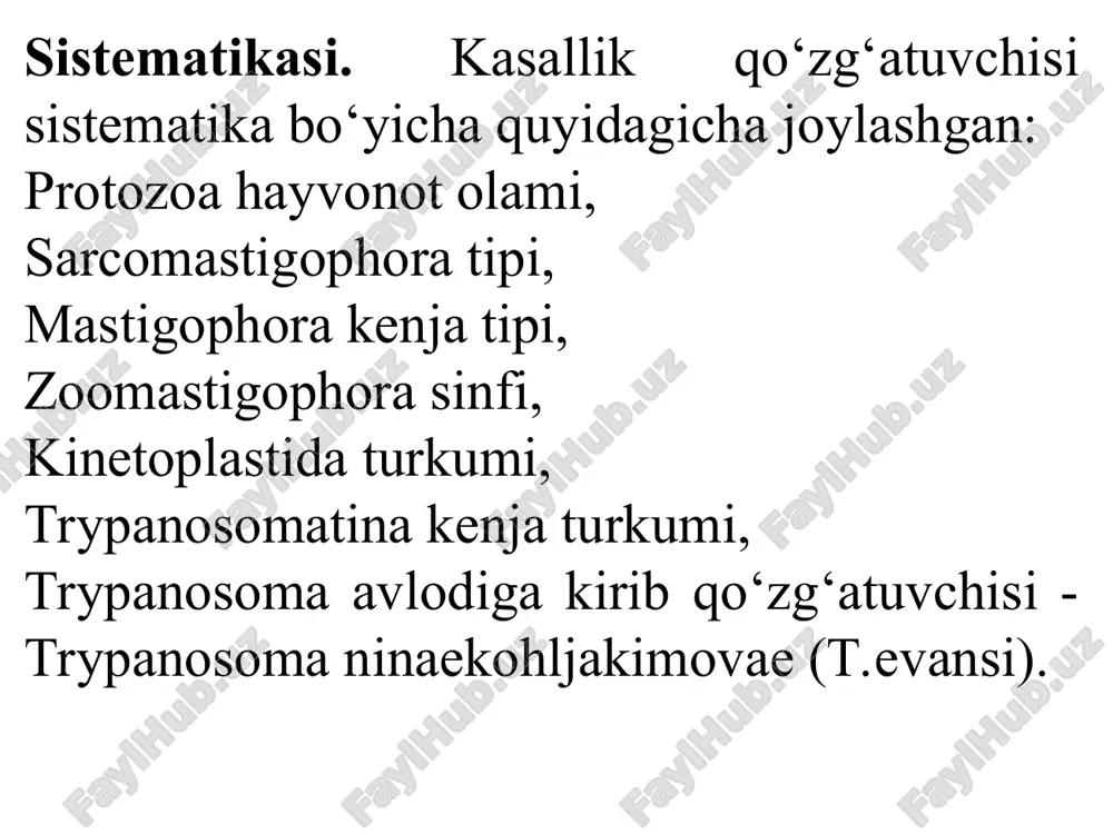 harakati davrida kasallikka moyil hayvonlarni hasharotlar uchramaydigan yaylovlarga boqilishi kerak. so‘yilgan kasal hayvonlarning go‘sht va go‘sht mahsulotlari pishirilgandan so‘ng it va boshqa go‘shtxo‘r hayvonlarga edirish kerak. so‘yilgan kasal hayvonlarning terisi quritish yoki tuzlanish yo‘li bilan zararsizlantirilishi lozim, o‘lgan hayvonlarning jasadi esa utilizatsiya qilinadi. shuningdek, kasallikni oldini olish maqsadida, kasallikka moyil hayvonlar aprel-may oylaridan boshlab to sentyabr oygacha, har 30-40 kunda bir marotaba naganin yoki poliamidin (etdin) bilan ishlovdan o‘tkazilib turishi maqsadga muvofiqdir. qochiruv kasalligi – bu bir tuyoqli hayvonlarning surunkali oqimda kechuvchi kontagioz, protozoy kasalligi bo‘lib, uni hayvonlarni jinsiy organlarining kapillyar von tomirlarida trypanosoma eguiperdum-ning parazitlik qilishi oqibatida qo‘zg‘atilib, kasallik jinsiy organ va asab sistemasi faoliyatlarining jarohatlanishi bilan xarakterlanadi. kasallikka otlardan tashqari eshak va xatirlar ham chalinadi. qo‘zg‘atuvchining sistematikasi. kasallik qo‘zg‘atuvchisi – trypanosoma eguiperdum sistematikada bo‘yicha protozoa hayvonot olamiga, sarcomastigophora tipiga, mastigophora kenja tipiga, zoomastigophora sinfiga, kinetoplastidae turkumiga, trypanosomatina kenja turkumiga va trypanosoma avlodiga kiradi. klinik belgilari. kasallikning yashirin davri …