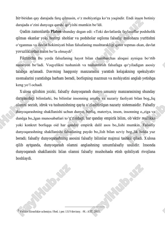 niyat yaratdi. bularning barchasi muayyan shaxslar doirasiga intellektual faoliyat bilan professional darajada shug‘ullanish imkonini berdi. taniqli nemis faylasufi karl yaspers ta'biri bilan aytganda, bu davrda (uni faylasuf «dunyoviy vaqt» deb ataydi) insoniyat o‘z rivojlanishida katta burilish yasagan 1 . osoyishtalik va barqarorlik ruhi bilan yo‘g‘rilgan mifologiya davri nihoyasiga yetdi, oqilonalik va oqilona tekshirilgan tajribaning mifga qarshi kurashi natijasida u asta-sekin chekina boshladi. shuni tushundimki sh u davrda tarixda eng katta burilish yasaldi. hozirgi tipdagi inson va ilk faylasuflar paydo bo‘ldi. inson ayrim individuum sifatida o‘z-o‘zida tayanch izlashga jur'at etdi. xitoy zohidlari, sharq mutafakkirlari, hindiston tarki dunyochilari, yunoniston faylasuflari va isroil avliyolari e'tiqodi o‘z ta'limotining mazmuni va ichki tuzilishiga ko‘ra 1 falsafa asoslari. q .nazarov tahriri ostida. -t.: sharq, 2005 bir-biridan qay darajada farq qilmasin, o‘z mohiyatiga ko‘ra yaqindir. endi inson botiniy darajada o‘zini dunyoga qarshi qo‘yishi mumkin bo‘ldi. qadim zamonlarda platon shunday degan edi: «toki davlatlarda faylasuflar podsholik qilmas ekanlar …