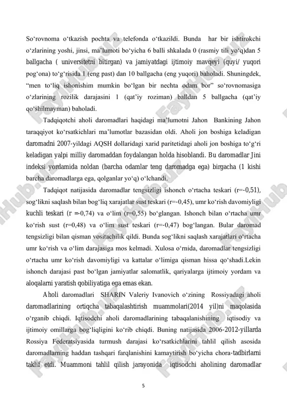 asida aniqlandi. shuningdek, ishlab chiqarish, metallurgiya va moliya sohalarida ishlaydigan ishchilar oladigan daromadlari o‘rtacha darajadan sezilarli darajada oshdi. shuningdek, rossiya federatsiyasidagi aholining turmush darajasi ko‘rsatkichlari tahlilida, so‘nggi yillarda pensiyalarning pastligi, aholining jon boshiga yashashi minimal darajaga yetmaganligi, eng kam ish haqining sekin o‘sishi va aholining chuqur ijtimoiy-iqtisodiy tabaqalanishini aks ettiruvchi fondlarning barqaror yuqori koeffitsientlari kabi muammolar hal etilmganligini keltirib o‘tildi. inson kapitalini rivojlantirish kerak, orqali aholining daromadlarining ortiqcha tabaqalanishini bartaraf etishning muhim yo‘nalishi kambag‘al aholining ijtimoiy integratsiyasi, resurslar, ta’lim, ijtimoiy infratuzilmalardan foydalanish imkoniyatlarini tenglashtirishni ta’minlash mumkin. aks holda, kambag‘al aholining soni ko‘payishiga sabab bo‘ladi. shuningdek, aholi daromadlari yashash darajasidan past bo‘lgan aholi toifasiga to‘g‘ridan-to‘g‘ri ta’sir choralari sifatida qashshoqlikni bartaraf etishning 2 sharin valeriy ivanovich- “problemi izbitochnoy differentsiatsii doxodov naseleniya v rossii”, 2014 google scholar: https://cyberleninka.ru/article/n/problemy-izbytochnoy-differentsiatsii-dohodov-naseleniya-v-rossii https://cyberleninka.ru/article/n/problemy-izbytochnoy-differentsiatsii-dohodov-naseleniya-v-rossii 7 kompleks maqsadli dasturlari, shu jumladan qiyin hayotiy vaziyat va o‘z-o‘zini ta’minlashga qodir bo‘lmagan fuqarolarga ijtimoiy xizmat ko‘rsatish, qayta tayyorlash, malaka oshirish, ish o‘rinlarini …