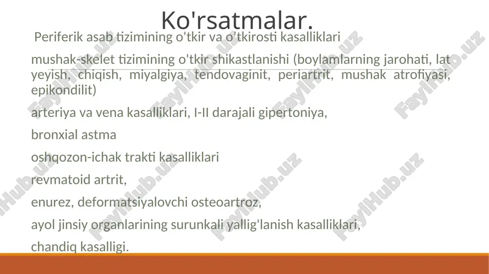 yligi bilan dozalanadi. har kunlik yoki kunora muolajalarning davomiyligi 60 daqiqa (odatda 15-25 daqiqa) ni tashkil etishi mumkin; davolash kursi 12-15 muolaja. interferentsterapiya bemorning tanasiga ikki (yoki undan ortiq) elektrod jufti ishlatiluvchi, o'rtacha teng bo'lmagan chastotalarning ikki tok (yoki ko'proq) bilan ta'sir etuvchi, interferentsiya toklaridan terapevtik foydalanish usuli hisoblanadi. (interferensiya- birga qo’llash lot. inter - o'rtasidagi ferens (ferentis) - «tashuvchi»). to'qimalar ichida toklarning o'zaro ta'siri natijasida past chastotali yangi o'zgaruvchan (interferentsion, h. nemek toki ) tok hosil bo'ladi. bu tebranishning amplitudasi muntazam ravishda o'zgarib turadi va urish deb nomlanuvchi tebranishlarni hosil qiladi. ularning (urish) soni yetkazib beriladigan toklarning chastotalaridagi farqlar bilan aniqlanadi (2.9-rasm). teri bunday toklarga nisbatan qarshiligi past, bu esa chuqur joylashgan a'zolar va to'qimalarga ta'sir qilishiga imkon beradi. interferents toklarni shakllantirish sxemasi interferentsiya toklarining analgetik ta'siri- diadinamik toklar ta'siriga o'xshaydi, u kamroq ko'rinadi, ammo bemorning chuqur joylashgan to'qimalarida shakllanadi. interferentsion toklar vazoaktiv moddalarni ajralishini kuchaytiradi, magistral arteriyalar va …