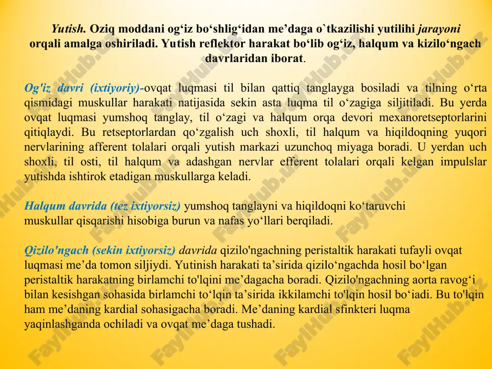 di, uzunchoq miya sohasidagi hazm markazi qo‘zg‘aladi va me’da bezlarining shira ajratish faoliyati boshlanishiga turtki bo`ladi. bu vaqtda ajralgan shirani (ishtaha shirasi) deb atagan. me’dadan shartsiz reflektor shira ajralishi oziq modda tasirida og`iz bo'shligi, halqum, qizilo'ngach retseptorlari qo‘zg‘algan dan so‘ng boshlanadi. afferent impulslar til ( v juft), tilhalqum ( ix juft) vayuqoridagi hiqildoq (x juft) nervlari orqali uzunchoq miyadagi me’daning shira ajratish markaziga tushadi. markazdan adashgan nervning efferent tolalari orqali me da bezlariga keladi va shira ajralishini kuchaytiradi. me’dadan boshlang`ich davrda ajralgan shira proteolitik fermentlarga boy bomadi va hazmda katta ahamiyat ega bo`ladi. orqa miya markazlaridan kelayotgan simpatik tolalar qo'zgalishi meda bezlaridan shira ajralishini tormozlaydi. shira ajralishining ichak davri ximus medadan ichakka o‘tganidan so‘ng boshlanadi. ximus ichakning xemo-, osmo-, mexanoretseptorlariga ta’sir qilib reflektor yo‘l bilan me’dadagi shira ajralishini o ‘zgartiradi. oziq moddalaming gidrotizga uchraganlik darajastga qarab, me’da shira ajralishini kuchaytiradi yoki susaytiradi. shira ajralishini kuchayishi mahalliy va markaziy reflekslar tomonidan …