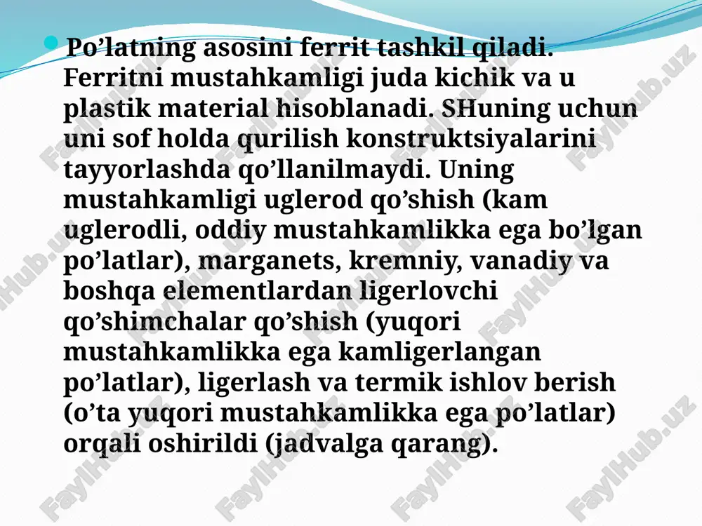 rganets, kremniy, mis) bilan legirlangan alyuminiy qotishmalari ishlatiladi. qurilishda ishlatiladigan alyuminiy qotishmalarining asosiy afzalliklari quyidagilardan iborat: a) zichligi po’latnikiga nisbatan kariyb 3 marta kichik ( = 2640 kg/ m3, demak po’latga nisbatan 3 marta yengil); b) korroziyaga chidamliligi oddiy po’latnikiga nisbatan 10...20 marta ko’p; v) alyuminiy profillarini yasashda asosan iskanjaga olish usuli qo’llaniladi, bu usul po’lat profillarini hosil qilishda qo’llaniladigan yoyish (prokatka) usuliga nisbatan oddiyroq va arzonga tushadi; g) 0 gradus s dan past haroratda alyuminiy qotishmalarning mo’rtligi kamayadi, bu esa sovuq iqlimli joylarda ayniqsa qulaylik tug’diradi. alyuminiy qotishmalarining kamchiliklariga quyidagilar kiradi: a) elastiklik moduli po’latnikiga nisbatan kichik; b) po’latga nisbatan tannarxi yuqori; v) chiziqli kengayish koeffitsienti po’latnikiga nisbatan qariyb ikki marta katta. alyuminiy qotishmalarini ishlatilish sohalari: a) vitrinalar, eshik va deraza romlari, me’morchilik detallari yasashda; b) katta proletli binolarda, ya’ni qurilmaning xususiy og’irligini kamaytirish katta ahamiyatga ega bo’lgan hollarda - tom yopmalarida; v) agressiv muhitda ishlaydigan qurilmalarda; g) tog’li …