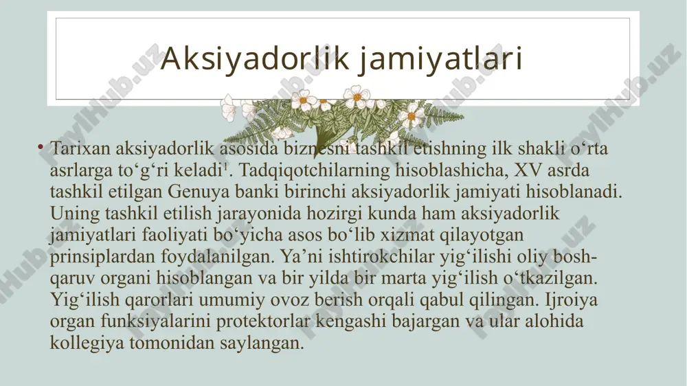 gan shartnoma- larni tasdiqlaydi; muassislar tomonidan aksiyalar haqini to‘lash tartibini belgi- laydi; chiqariladigan aksiyalarning turlarini va sonini belgilaydi; jamiyatning kuzatuv kengashini, taftish komissiyasini (taftish- chisini) saylaydi jamiyatning ijroiya organini tuzadi (saylaydi, tayinlaydi). aksiyadorlik jamiyatlarining tashkiliy asoslari ta’sis yig‘ilishida ovoz berish muassislar kiritadigan ulushlarga muvofiq o‘tkaziladi. ta’sis yig‘ilishi qarorlarni oddiy ko‘pchilik ovoz bilan qabul qiladi, bundan ta’sis shartnomasini o‘zgartirish to‘g‘risidagi qarorlar qabul qilinadigan hollar mustasno bo‘lib, buning uchun barcha muassislarning roziligi talab etiladi. ta’sis yig‘ilishining qarorlari jamiyatning barcha muassislari tomonidan imzolanadigan bayonnoma bilan rasmiylashtiriladi. nazvanie prezentatsii 13 ustav aksiyadorlik jamiyatining ta’sis hujjati bo‘lib, unda quyidagi ma’lumotlar bo‘lishi kerak: nazvanie prezentatsii 14 jamiyatning to‘liq (agar bo‘lsa qisqartirilgan) firma nomi, joylashgan eri (pochta manzili) va elektron pochta manzili; jamiyat boshqaruvining tuzilmasi, jamiyat kuzatuv kengashin- ing, taftish komissiyasining va ijroiya organining a’zolari soni, bu organlarni shakllantirish tartibi, ularning vakolatlari. ustav kapitalining miqdori; jamiyat aksiyalarining soni, nominal qiymati, turlari (oddiy, imtiyozli); faoliyatining sohasi, asosiy yo‘nalishlari …