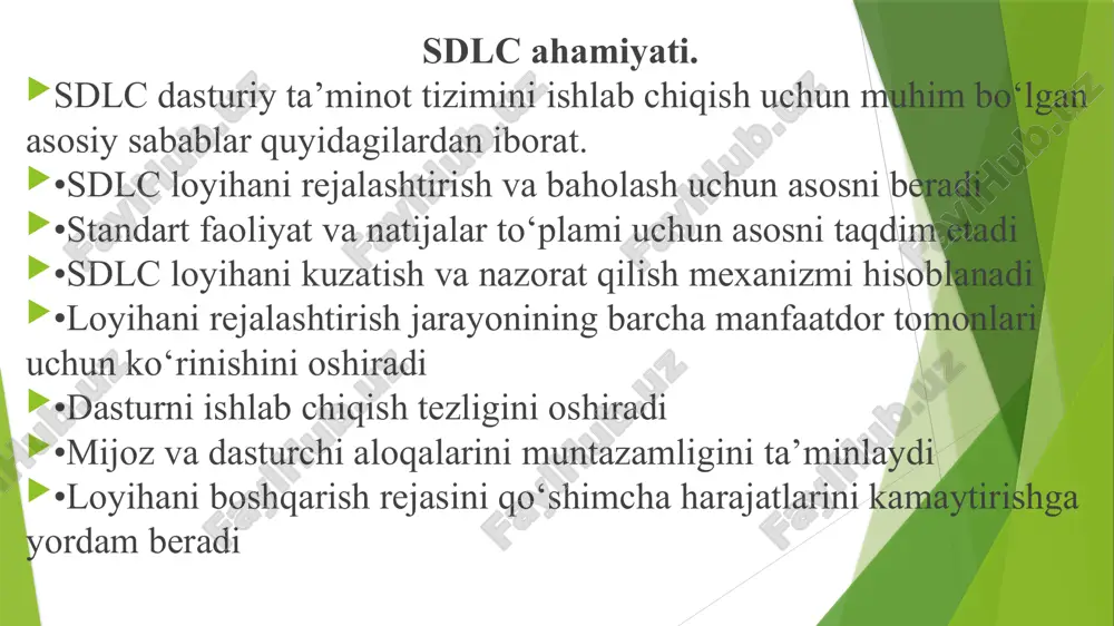 i bosqichga o'tiladi. agile: kichik, iteratsion va siklli yondashuv. har bir iteratsiya davomida funksional bo'laklar ishlab chiqiladi va sinovdan o'tkaziladi. scrum: agile yondashuvi asosida kichik guruhlar tomonidan qisqa muddatli (sprint) ishlanadigan iteratsiyalar. devops: dasturiy ta'minotni ishlab chiqish va it operatsiyalarni birlashtirish, avtomatlashtirish va monitoring orqali jarayonlarni tezlashtirish. sdlcning ahamiyati: tizimli yondashuv: dasturiy ta'minotni ishlab chiqishda bosqichma-bosqich yondashuv, resurslar va vaqtni optimal boshqarish imkonini beradi. sifatni ta’minlash: har bir bosqichda sifat nazorati amalga oshiriladi, bu esa dasturiy ta'minot sifatini oshirishga yordam beradi. xarajatlarni kamaytirish: xatolarni erta bosqichda aniqlash orqali xarajatlarni kamaytirish imkonini beradi. image1.png image2.jpg /docprops/thumbnail.jpeg