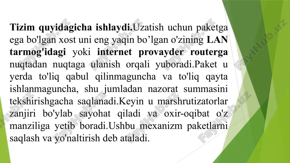 chilik kelib chiqishi va tarmoq to’g’ri ishlamasligi mumkin. adaptiv (dinamik) marshrutlashda tarmoq konfiguratsiyalaridagi barcha o’zgarishlar marshrutlash protokollari evaziga avtomatik ravishda marshrutlash jadvallarida akslantiriladi. bunday protokollar tarmoqdagi aloqa topologiyasi haqidagi axborotlarni yig’adi, bu ularga barcha hozirgi o’zgarishlarni tezkorlik bilan aniqlash imkonini beradi. adaptiv marshrutlashda odatda marshrutlash jadvallari joriy marshrut haqiqiy bo’lib qolishining vaqt oralig’i haqidagi axborotga ega ega bo’ladi. bu marshrutning hayot vaqti (ttl) deb nomlanadi. markazlashtirilgan marshrutlash protokollari. yuqorida aytib o'tilganidek, markazlashtirilgan marshrutlash protokollari dinamik marshrutlash protokollari oilasiga tegishli.markazlashtirilgan marshrutlash protokolidan foydalanadigan tarmoqda "markaziy" tugunda ishlaydigan markaziy ishlov berish qurilmasi tarmoqdagi har bir havola bo'yicha ma'lumotlarni (holat/yuqoriga/pastga holati, imkoniyatlar va joriy foydalanish) yig'adi. keyin, bu ishlov berish qurilmasi yig'ilgan ma'lumotlardan boshqa barcha tugunlar uchun yo'naltirish jadvallarini hisoblash uchun foydalanadi. taqsimlangan marshrutlash protokollari.taqsimlangan marshrutlash protokollari dinamik marshrutlash protokollari oilasiga ham tegishli. tarqatilgan marshrutlash protokoli bo'yicha tarmoqdagi har bir qurilma marshrutlash to'g'risida qaror qabul qilish uchun javobgardir. izolyatsiya qilingan (tugunlar aloqa qilmaydi) …