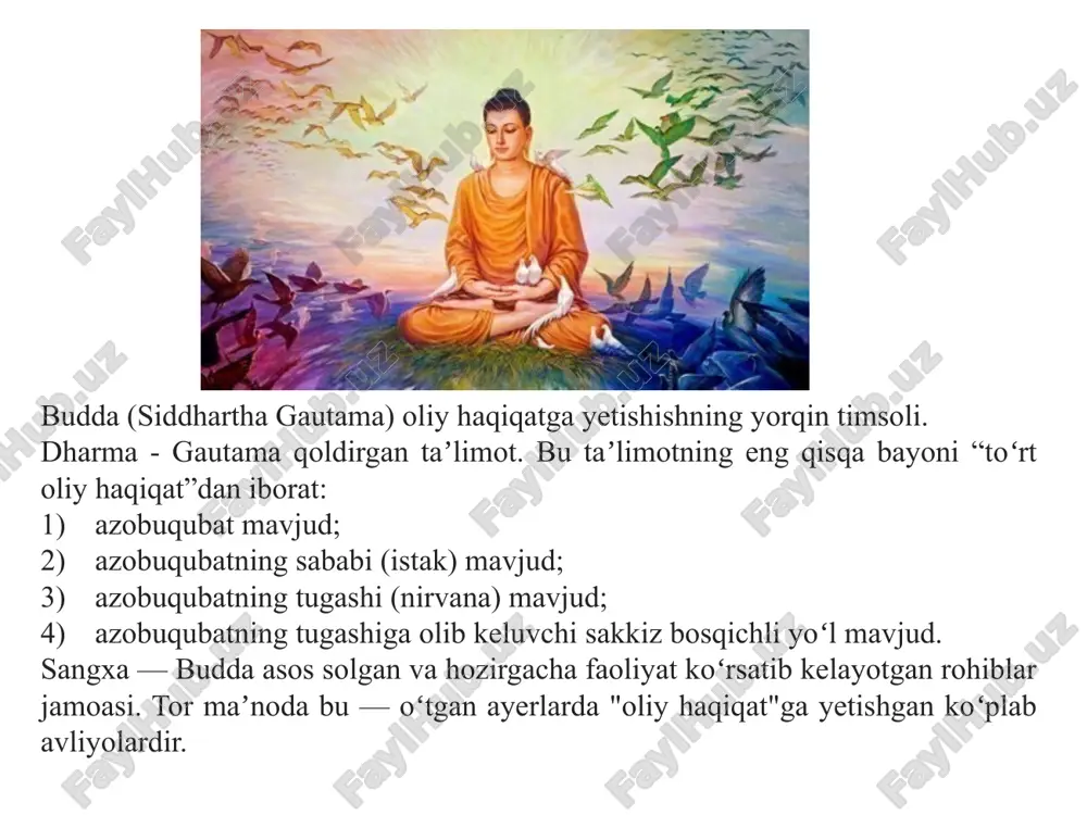 rashlar va amaliyot ham inkor qilingan. bular buddaning “o‘zingga ozor yetmasin desang, o‘zgalarga ozor berma, boshqalarga ozor bersang, o‘zing ham ozor chekasan. hirsu havas barcha baxtsizliklarning sababchisidir. vaqt o‘tishi bilan hamma narsa o‘zgaradi, shuning uchun, hech narsaga ortiqcha ko‘ngil bog‘lama, ko‘ngilni toza tut, haqiqat va boqiy saodat izla. yomonlik qilma, gunohdan saqlan. hamisha yaxshilik qil. boshqalarni sevsang, o‘zing ham, boshqalar ham baxtli bo‘lishadi. o‘zgalarning aytganlarini rad etma va qoralama, o‘zni baxtli qilish uchun o‘zgalarni baxtsiz qilish insofdan emas”, degan so‘zlarida teran aks etgan. buddaviylik ta’limotining o‘ziga xos jihatlar barcha jonli narsalarga muhabbat bilan qarashning targ‘ib etilishida, aql ko‘rsatmalariga qat’iy bo‘ysunish va hissiyotga berilmaslikda ham aks etgan. buddaviylikda olamlar va ularga xos xususiyatlar haqidagi qarashlar muhim o‘rin egallaydi. budda ta’limotiga ko‘ra, olam uch bosqichli bo‘lib, uning birinchisi – eng yuqori mutlaq osoyishtalik hukm suradigan “nirvana” (sanskritcha – so‘lish, o‘chish) olamidir. unda inson barcha tashvishlardan xalos bo‘ladi, hech bir istak–xohish, ehtiroslarga o‘rin …