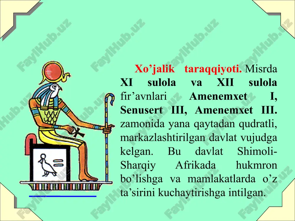at egasidir bu davrda endi keskin sinfiy kurash qizib ketgan va kambag’allar manfur boylarga— quldorlarga qarshi qo’zg’olonlar ko’targanlar. shuning uchun «nasixatnoma» avtori shaxarda qo’zg’olonga undovchi kishiga nisbatan qattiq jazo berilishini talab qilgan. «notiq — shahar uchun ofatdir». avtorning fikricha, agar xalq qo’zg’olon ko’targuday bo’lsa, podsho isyonchilarga sira raxm-shafqat qilmay, juda qattiq choralar ko’rishi lozim bo’lgan. «olomonni bug’ib ol, undan chiqadigan alangani o’chirib tashla. dushmanlik munosabatidagi (kishini) qo’llama, chunki u kambag’al... u dushman!». gerakleopol podshosi o’z o’g’liga quldorlar o’zlari uchun eng yovuz dushman deb bilib, shuning uchun jinoyatkorlar deb atagan va bu «xudoning o’ziga ham ma’lum» bo’lgan isyonchilarni qoralashni va shafqatsiz jazolashni nasixat qilgan. kambag’allar va qullar qo’zg’oloni “ipuser nutqi” va “noferti nutqi”. o’rta podsholik davrining oxirida bo’lgan yirik xalq qo’zg’olonlari hammadan ko’ra ikkita adabiy asarda: «ipuser nasixatnomasi»da (344-sonli leyden papirusi teksti) va leningraddagi ermitajda saqlanayotgan «noferrexu nasixatnomasi»da yorqinroq tasvirlangandir u ancha keyingi zamonga oid bu adabiy asarlarda xalq ommasi tomo­nidan …