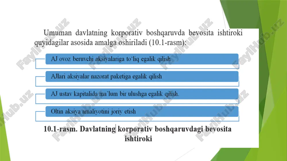 8-yilda yevropa arbitraj sudi mazkur amaliyotni bekor qilish bo‘yicha qaror qabul qildi.buzilishiga olib kelishi tufayli chunki yevropaning rivojlangan davlatlaridagi kompaniyalar aksiyadorlari tomonidan ilgari surilgan har tomonlama asosli ko‘plab qarorlar qabul qilinishi davlat vakili tomonidan to‘xtatib qo‘yilishi aksiyadorlarning keskin noroziligiga olib kelgan edi. aynan kelti- rilgan jihat sabab yevropa ittifoqiga a’zo davlatlarda bu amaliyot bekor qilindi. ayni paytda mazkur amaliyot yevropa ittifoqi mam- lakatlari, rossiya, qozog‘iston va boshqa davlatlarda eng muhim strategik kompaniyalardagina qo‘llanilmoqda. o‘zbekiston respublikasi prezidentining 2007-yil 20-iyuldagi pf-3897-sonli «iqtisodiyotning strategik tarmoqlari korxonalarini xususiylashtirish jarayonlarini chuqurlashtirishga doir qo‘shimcha chora-tadbirlar to‘g‘risida» farmoni ijrosini ta’minlash maqsadida vazirlar mahkamasining 2007-yil 24-iyuldagi 151-sonli “davlat tomonidan aksiyadorlik jamiyatlarini boshqarishda ishtirok etish maxsus huquqi («oltin aksiya»)dan foydalanish tartibi to‘g‘risida”gi qarori qabul qilingan. aynan keltirilgan qaror bilan “davlat tomonidan aksiyadorlik jamiyatlarini boshqarishda ishtirok etish maxsus huquqi («oltin aksiya»)dan foydalanish tartibi to‘g‘risida”gi nizom tasdiqlangan. o‘zbekiston respublikasi “aksiyadorlik jamiyatlari va aksiyadorlarning huquqlarini himoya qilish to‘g‘risida”gi qonuni va “davlat tomonidan …