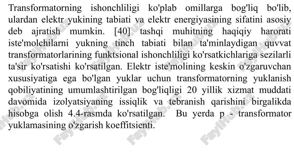 tmoqda. shu bilan birga, transformatorning past yuk koeffitsienti bilan davlat standarti 13109-97 tomonidan ruxsat etilgan maksimal qiymatlar darajasida energiya sifatining buzilishi izolyatsiya haroratining ruxsat etilganidan yuqori bo'lishiga olib kelmaydi. transformatorning to'liq yuklanishi bilan energiya sifatining nisbatan kichik buzilishi ruxsat etilgan haroratning oshishiga olib keladi chegara parametrlari: yuklanish koeffitsienti, pte tomonidan tavsiya etilgan 0,7 ga teng va gost tomonidan ruxsat etilgan maksimal 13109-97 qiymatlari darajasida ee sifatining pasayish qiymati. ularning har qandayining ko'payishi izolyatsiyaning ishlash muddatini pasayishiga va shuning uchun transformatorning ishlash ishonchliligini pasayishiga olib keladi. xuddi shunday, muvaffaqiyatsizlik intensivligi o'rtasidagi bog'liqlikni ko'rsatish mumkin, sinxron mashinada ham elektr energiya sifatini pasayishi uning qizishiga olib keladi. bunday holda, elektr energiyasi sifati (ce) normal ce da uning haroratidan buzilganda stator simlarinıng haroratining o'rtacha qiymatini aniqlash kerak bo’ladi: o'lchov organi ikki nuqtaning potentsial farqini nazorat qiladi. kondensator c1 transformatorlarining yuki o'zgarganda, kuchlanish doimiy vaqt r5 c1 ga o'zgaradi, bu qiymat transformatorning doimiy o'rash vaqtiga …