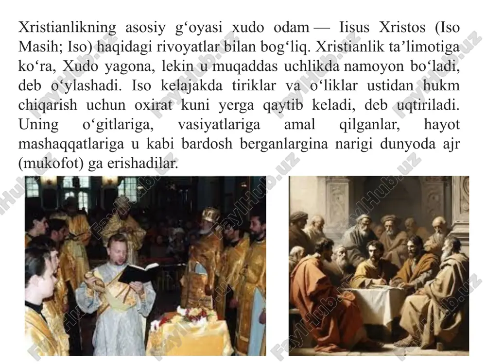 zi kitoblar bir necha mustaqil kitoblarga bo’linib ketganligi bilan izohlash mumkin. maslan, “musoning besh kitobi” avval bir butun bo’lib, keyinchalik beshta mustaqil kitobga ajratib yuborilgan, “kichik payg’ambarlar kitobi” 12 ta kitobga ajratib yuborilgan. 15 bibliya tarkibi qadimgi ahdnoma borliq chiqish sonlar loviy ikkinchi qonun yangi ahdnoma matfey evangeliyasi ioann evangeliyasi mark evangeliyasi luka evangeliyasi apostollar (xavorilar) ishlari apostolarning (xavorilar) xristian jamoalariga nomasi qiyomat-qoyim (apokalipsis) injil. injil – xushxabar ma’nosini anglatadi. yangi ahd tarkibiga kirgan injil 4 ga bo’linadi. matvey injili; 2) marko injili; 3) luka injili; 4) ioan injili. 17 xristianlik aqidalari xudo-ota, xudo-o‘g‘il, xudo muqaddas ruhga ishonish isoning xaloskor messiya (maxdiy) ekanligiga ishonish isoni qayta tirilishiga ishonish odamning gunohkorligi va undan xalos bo‘lishga ishonish jannat va do‘zaxga ishonish oxiratga ishonish xristianlikdagi oqimlar. 19 xristian cherkovining katolik va provaslav cherkovlariga ajralib ketishi rim papasi istambul patriarxining xristian olamida yetakchilik uchun olib brogan raqobati oqbatida vujudga keldi. ajralish jarayoni rim imperiyasining …