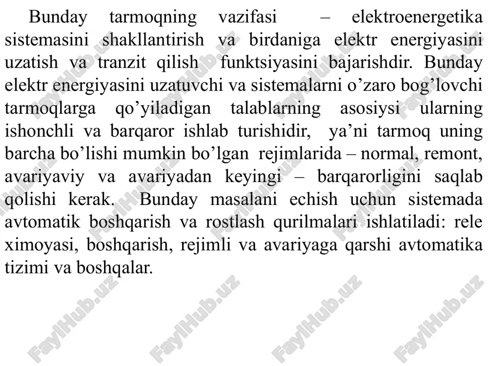talablar va normal, avariyadan keyin va remont rejimlarida podstantsiya orqali kuvvatlarni tranzitini ta’minlash imkoniyatlarini hisobga olish kerak bo’ladi. ps sxemasi shunday shakllantirilishi kerakki, uning keyingi bosqichma – bosqich kengayish imkoniyatlari keng bo’lishi kerak. avariyaviy vaziyatlar yuzaga kelganida arh yordamida iste’molchilarni elektr ta’minoti tezkor tiklanish imkoniyatlari bo’lishi kerak. kuchlanishi 35–500 kv bo’lgan podstantsiyalarni loyihalashtirishda keng qo’llanilayotgan taqsimlovchi qurilmalarning tipaviy elektr ulanish sxemalarini ko’rib chiqamiz. eng oddiy sxemalarga liniya - raz’edinitelli (3.4, a-rasm) va yuklama o’chirgichli transformator (3.4, b-rasm) blokli sxema misol bo’la oladi. har bir sxema echimlarida tavsiya qilingan kuchlanish klasslari ko’rsatiladi 3.4rasm. podstantsiyalarning blokli sxemalari: a –yuklama o’chirgichli blok (liniya – transformator); b – liniya tomonidan peremichkali va o’chirgichli ikki blok 3.10 rasmda 35 – 500 kv kuchlanishli podstantsiyalarning o’rta va past kuchlanishli taqsimlash qurilmalariga ulangan 10(6) kv kuchlanishli taqsimlash qurilmalarining eng xarakterli sxemalari keltirilgan. bitta transformatorli bo’lsa, bitta sektsiyalanmagan shinalar sistemasi (3.10 , a- rasm), ikki transformatorli bo’lsa – …