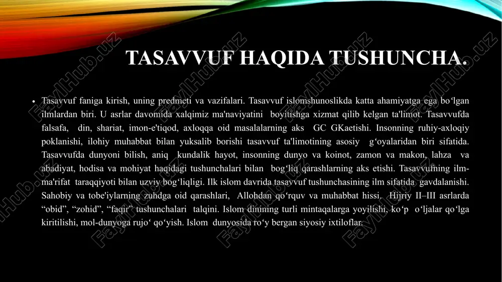 olib borishi. tariqatning uzoq joylardagi shoʻ'balari shayxlari ham deyarli mustaqil faoliyat olib borishi. vaqt oʻtishi bilan har bir tariqat oʻziga xos tashqi koʻrinishi bilan ajratib turadigan atributlarga ega boʻlib borishi. tasavvufdagi tashqi qiyofaga doir har qanday predmet mazmun va hikmatga ega ekani haqida izohli adabiyotlar paydo boʻlishi. movarounnahr tariqatlari. oʻrta asr va undan keyingi davr tasavvufida bir shayxda koʻplab shogirdlar ta'lim olishi hamda bir shogird bir necha shayxlardan saboq olish holatlari kuzatilishi. tijoniya kabi tariqatlarda faqat bir shayxning etagini tutish ta'kidlanishi. tariqatlar tashkiliy tuzilmasidagi katta oʻzgarishlar (xiv–xv asrlar). tariqatlar kengayishi va bir shayxning muridlar ta'lim jarayonini amalga oshirish imkoniyatiga ega boʻlmay qolishi. shayxlar oʻz vazifalarining ma'lum qismini oʻz yordamchilari – muqaddam va xalifalariga topshirishi. muqaddam va xalifalar oʻz shayxlari nomidan ma'ruza qilib, omma oʻrtasida targʻibot ishlarini olib borishi. tariqatning uzoq joylardagi shoʻ'balari shayxlari ham deyarli mustaqil faoliyat olib borishi. vaqt oʻtishi bilan har bir tariqat oʻziga xos tashqi koʻrinishi bilan …