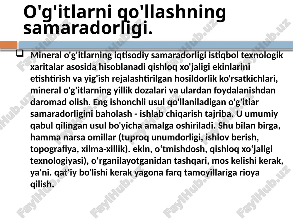 arini pasaytirmasagina olingan sof daromad rentabelli hisoblanadi. ko'p hollarda tadqiqotlarda qo'llanilgan kaliyli o'g'itni g'o'zadagi iqtisodiy samaradorligi n.n.baranov usulida psueaiti xo'jaligining normativlari asosida hisoblandi. o'g'it qo'llashning iqtisodiy samaradorligi o'zbekiston milliy universiteti, 2020 mahalliy kaliy o'g'iti turli me'yorda va muddatlarda qo'llashning g'o'zadagi iqtisodiy samaradorligi o'zbekiston milliy universiteti, 2020 turli me'yorda o'g'itlar qo'llashning kuzgi bug'doydagi iqtisodiy samaradorligi ko'rsatkichlar mineral o'g'itlarning yillik me'yori, kg/ga nazo-rat n0p0k0 fon– n150p100 k50 fon+ n50 fon+ n50 k50 fon+ n50p50 k50 fon+ n50p50 k100 fon+ n100p50 k100 fon+ n100p100 k100 «tanya» navi don hosili, tsga 16,8 30,2 48,0 53,6 63,0 63,1 68,4 53,8 nazoratga nisbatan qo'shimcha hosili, tsga - 13,4 31.2 36.9 46.2 46.3 51.6 37.1 1 ga da don hosilining qiymati, ming so'm 1588,1 2859,0 4543,7 5077,8 5964,2 5975,6 6472,7 5097,7 1 ga da xarajatlar, ming so'm 2541,0 3270,7 3358,6 3452,0 3658,5 3751,9 3818,7 4007,7 sof daromad, ming so'm -952,9 -411,0 1185,1 1625,8 2305,7 2223,7 2654,0 1090,0 …
