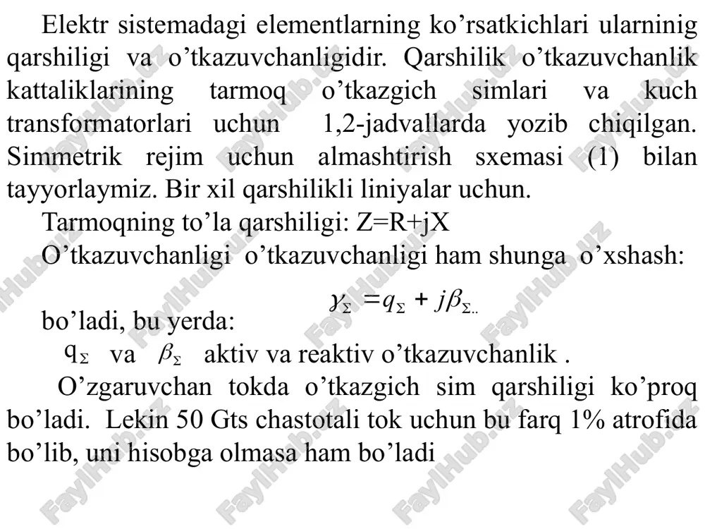 n yuklama bilan ishlab turganida δ burchak odatda 15–25° atrofida bo'ladi va elektr energiyasini uzatish masofasi ortsa yoki yuklama quvvatlari statik barqarorligi bo'yicha belgilangan normativlar doirasida qolib, ortib borsa 35-55°gacha ortadi. bunday holatlarda kuchlanish pasayishining ko'ndalang tashkil etuvchisi δu′′ kattaligini hisobga olish kuchlanishlar hisobi natijalariga, elektr tarmoq parametrlari haqidagi ma'lumotlarning xatoliklaridan sezilarli darajada ortiq aniqliklar kiritishi mumkin. va buning aksi, kuchlanishi 110 kv va undan kam bo'lgan elektr tarmoq uchastkalari uchun x ≤ r, va δ burchak unchalik katta emas ( 2–3° dan kam). bunday hollarda etarli aniqlik bilan (xatolik 0,5 % dan kam), uchastkadagi kuchlanishning pasayishi, uning (δu′) bo'ylama tashkil etuvchisiga teng deb qabul qilinishi mumkin. u holda kuchlanish ifodalari soddalashadi va quyidagicha ko'rinish oladi: + δ bunday soddalashtirish natijasidagi xatolik protsentning ulushidan oshmaydi, kuchlanish isrofi esa bunda quyidagi ifoda bo'yicha aniqlanadi: δ u bu erda quvvat va kuchlanishning ikkalasi ham bitta uzelga to'g'ri keladi yoki uchastkaning nominal kuchlanishi …