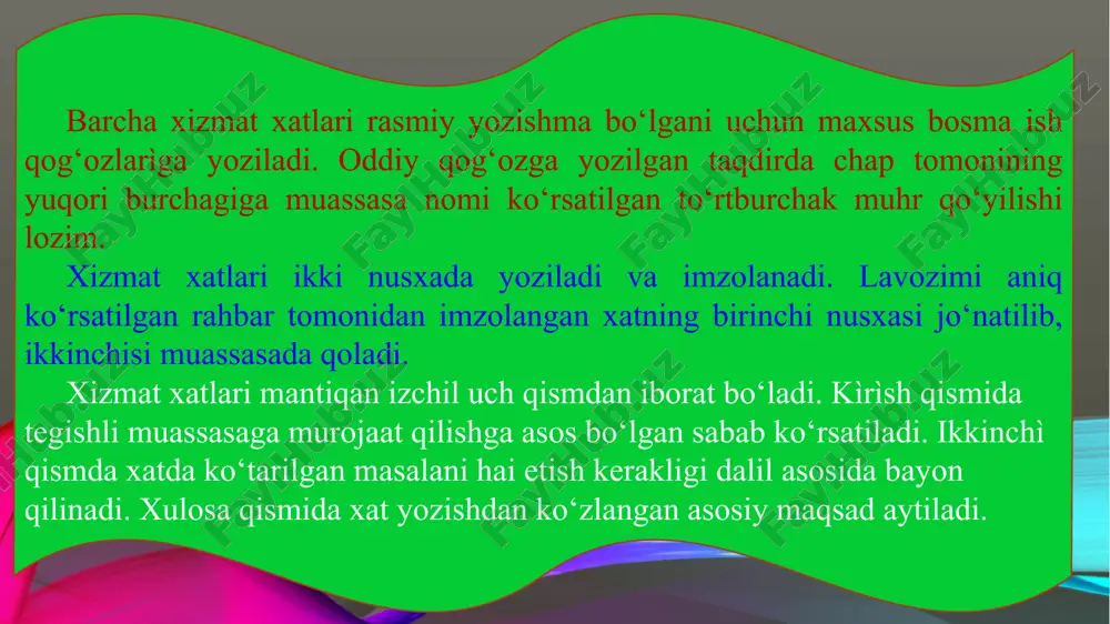 gan mebel bo’lmaganligi bois hammasi polda qalashib yotibti va buning oqibatida xonaga kirgan har bir ustozdan tanbeh eshityapmiz. shu sababli guruhdagi talabalarning ota-onalari ishlaydigan ayrim tashkilotlarni shu ishga homiylik qilishlariga ruxsat berishingizni so’raymiz. mutaxassislar ko’rsatmalari asosida, guruhdoshlar bilan birga ushbu auditoriyani talab darajasida ta’mirlaymiz va jihozlaymiz. guruh sardori: (imzo) y.abdurahmanova 2022- yil 26 - may biror voqea-hodisa haqida xizmat faoliyatiga tegishli masalalar yuzasidan axborot berish maqsadida taqdim qilinadigan muayyan idora rahbariga bildirgi bildirgi shakli qayerga yoki kimga bildirgi yozuvchining turar joyi, lavozimi, to`liq nomi bildirgi bildirgi matni (mazmuni) imzo i.sh. va familiyasi sana (yil, kun, oy) bildirgi toshkent arxitektura qurilish instituti arxitektura fakulteti dekani sh. reyimbayevga 2-18 guruh talabasi f.jamalovadan bildirgi 2023 yil 13-14 may kunlari guliston davlat universitetida “o’zbek tili” fani bo’yicha o’tkaziladigan 2-bosqich respublika olimpiadasida ishtirok qilishim kerakligi sababli, dars mashg’ulotlarida qatnasha olmasligimni ma’lum qilaman. (imzo) f.jamalova 2023 - yil 11 - may d a l o l …