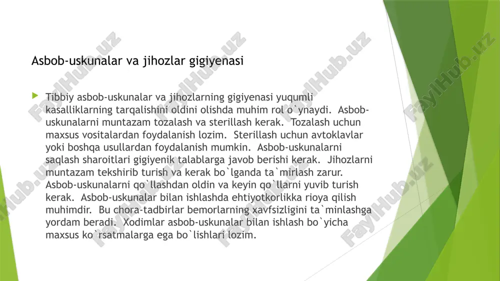 sh muassasalarida oziq-ovqat mahsulotlarining gigiyenasi muhim ahamiyatga ega. oziq-ovqat mahsulotlari sifatli va yangi bo`lishi kerak. oziq-ovqat mahsulotlari saqlash sharoitlari gigiyenik talablarga javob berishi kerak. oziq-ovqat mahsulotlarini tayyorlash gigiyenik talablarga javob berishi kerak. oziq-ovqat mahsulotlari bilan ishlashda gigiyena qoidalariga rioya qilish zarur. oziq-ovqat mahsulotlarining sifatini nazorat qilish kerak. oziq-ovqat mahsulotlari bilan bog`liq kasalliklarning oldini olish uchun chora-tadbirlar ko`riladi. oziq-ovqat mahsulotlari yetkazib beruvchilarning ishi nazorat qilinadi. oziq-ovqat mahsulotlari sifatini tekshirish muntazam ravishda o`tkaziladi. oziq-ovqat mahsulotlarining gigiyenasi bemorlar va xodimlar salomatligini himoya qiladi. oziq-ovqat mahsulotlarining gigiyenasi davolash profilaktika muassasalari gigiyenasi muntazam nazorat qilinishi kerak. nazorat sanitariya-epidemiologiya xizmati tomonidan amalga oshiriladi. nazorat davomida gigiyenik talablarga rioya qilinishi tekshiriladi. kamchiliklar aniqlanganda ularni bartaraf etish bo`yicha chora-tadbirlar ko`riladi. nazorat natijalari hujjatlashtiriladi. nazorat natijalariga ko`ra tavsiyalar beriladi. gigiyenik talablarga rioya qilinmasligi holatlarida jarima solinishi mumkin. muntazam nazorat sog`liqni saqlash muassasalari gigiyenasini yaxshilashga yordam beradi. nazorat jarayoni shaffof va adolatli bo`lishi kerak. nazorat natijalari jamoatchilikka e`lon qilinishi mumkin. …